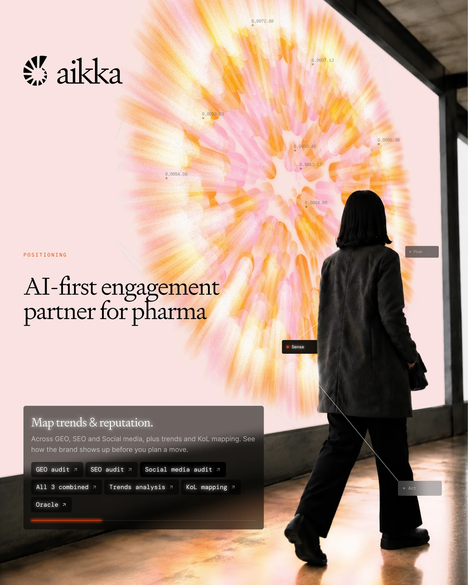 Woman walking past an Aikka screen reading AI-first engagement partner for pharma