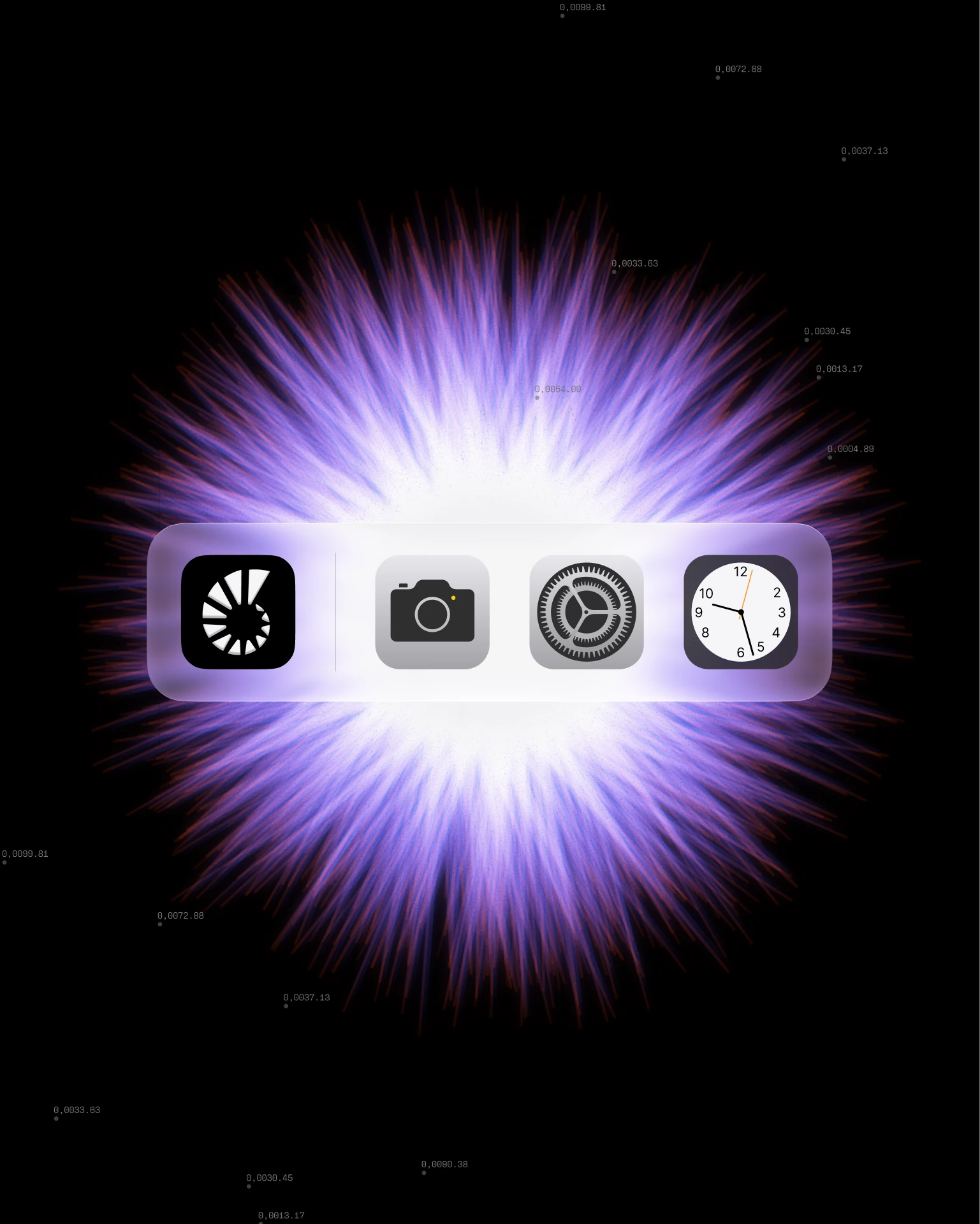 Aikka app icon in a dock beside camera, settings and clock icons on a violet glow