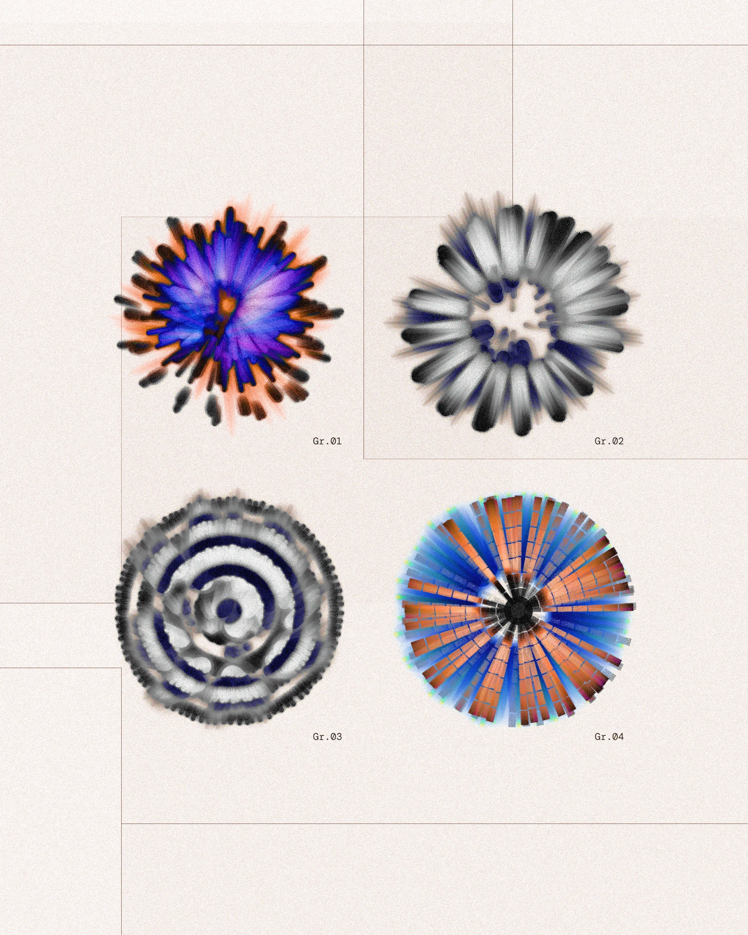 Four Aikka graphics on paper: hand-rendered floral and radial forms in violet, orange and grey