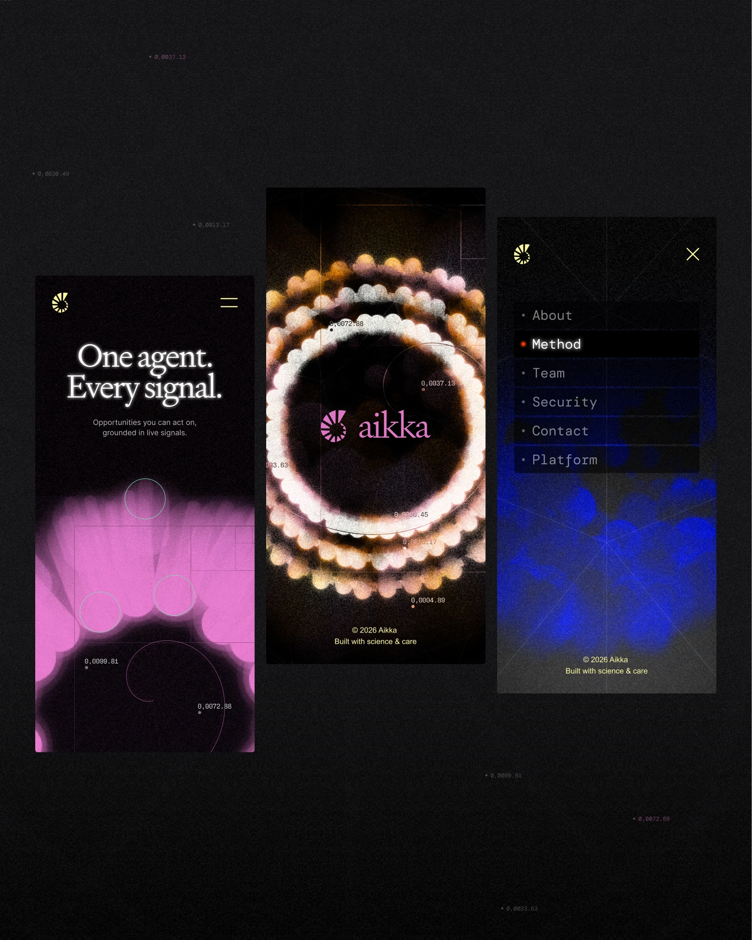 Three Aikka phone screens: the One agent. Every signal. home, a glowing shell ring and the menu