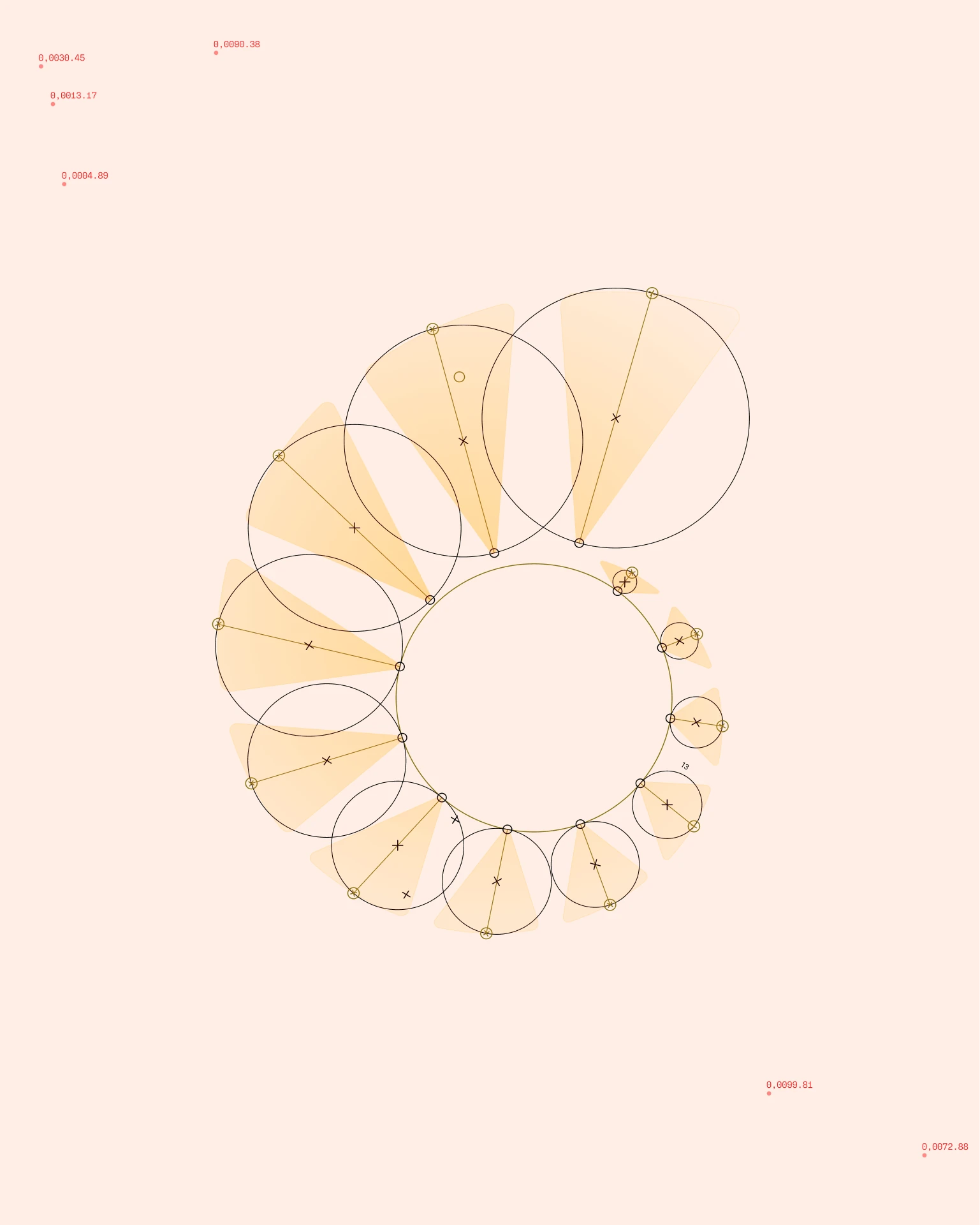 Aikka shell construction: circles growing along a spiral, drawn on pale peach