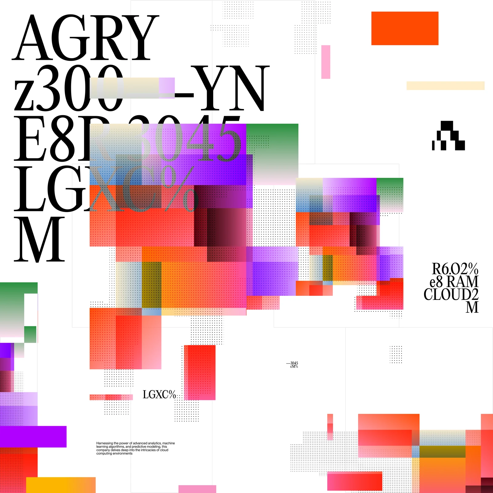 Augury poster: large serif code text and generative pixel blocks in red, violet and green on white
