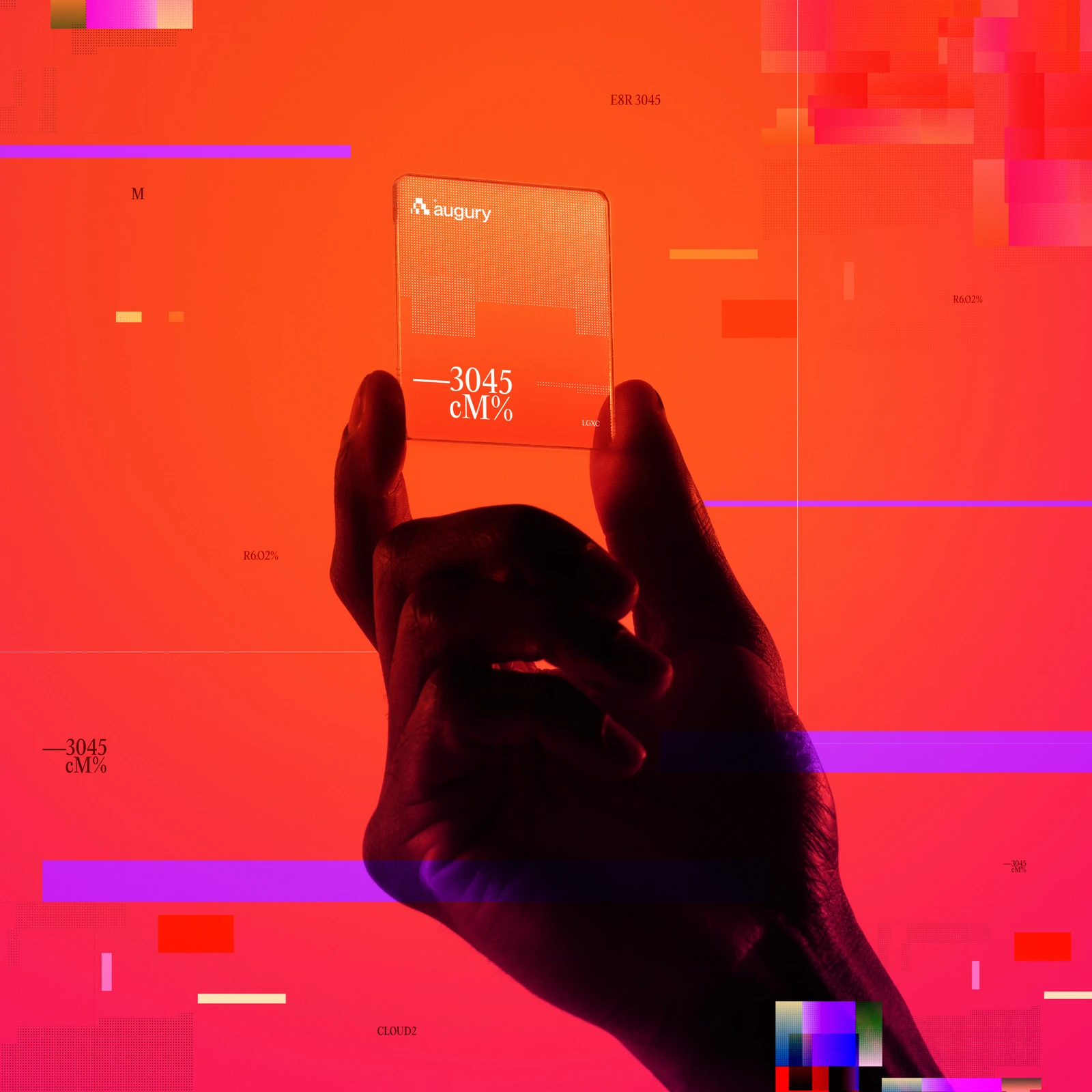 Hand holding a clear Augury glass card against a glowing red and orange pixel background