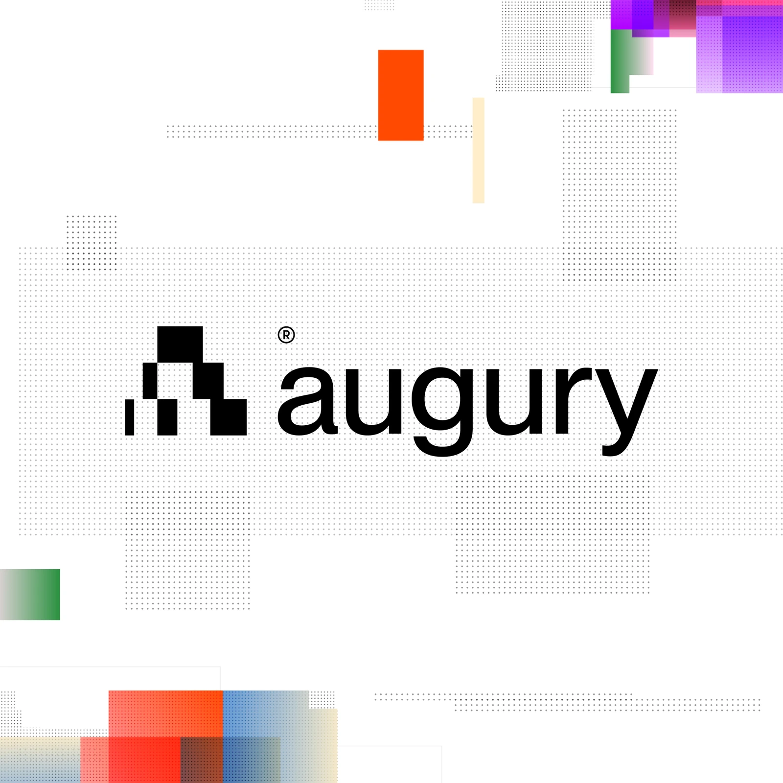 Augury logo, a pixel A, and the lowercase wordmark in black on white with pixel accents