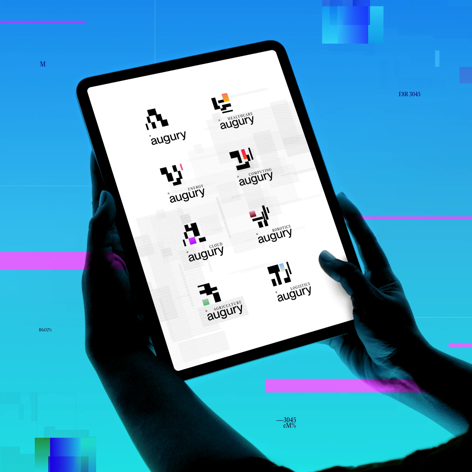 Hands holding a tablet with eight generative Augury logo variations on a cyan background
