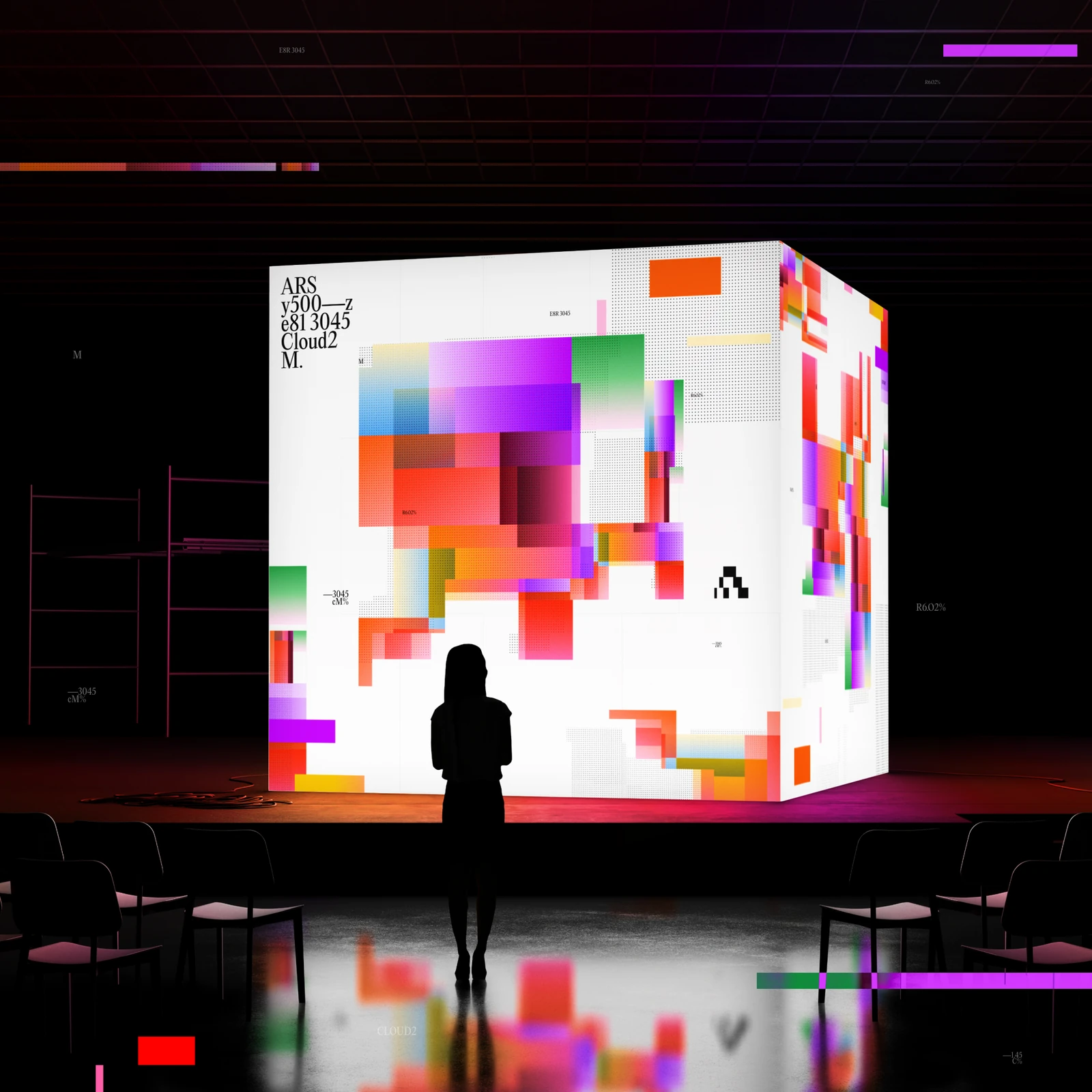 Silhouette standing before a large glowing cube covered in Augury pixel graphics