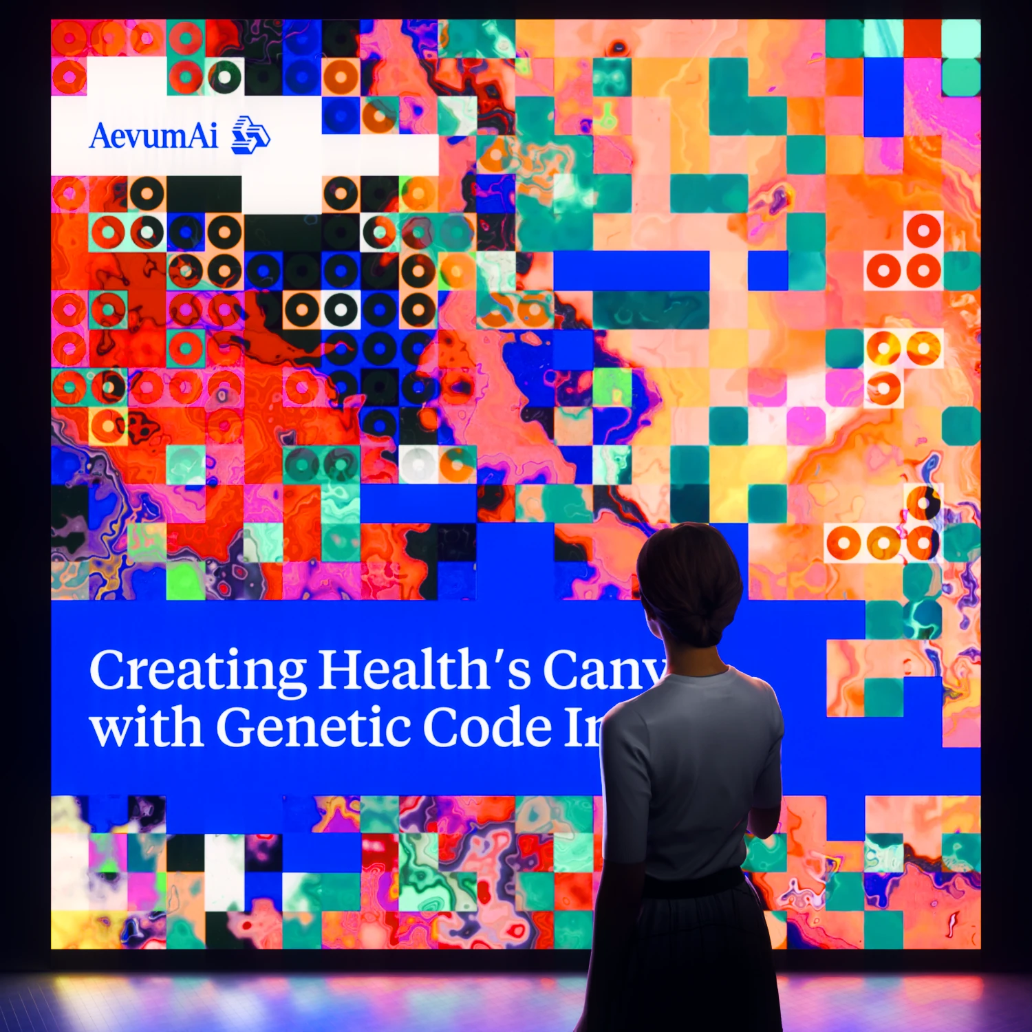 Woman before a large Aevum AI screen, Creating Health's Canvas with Genetic Code Insights, in pixel paint