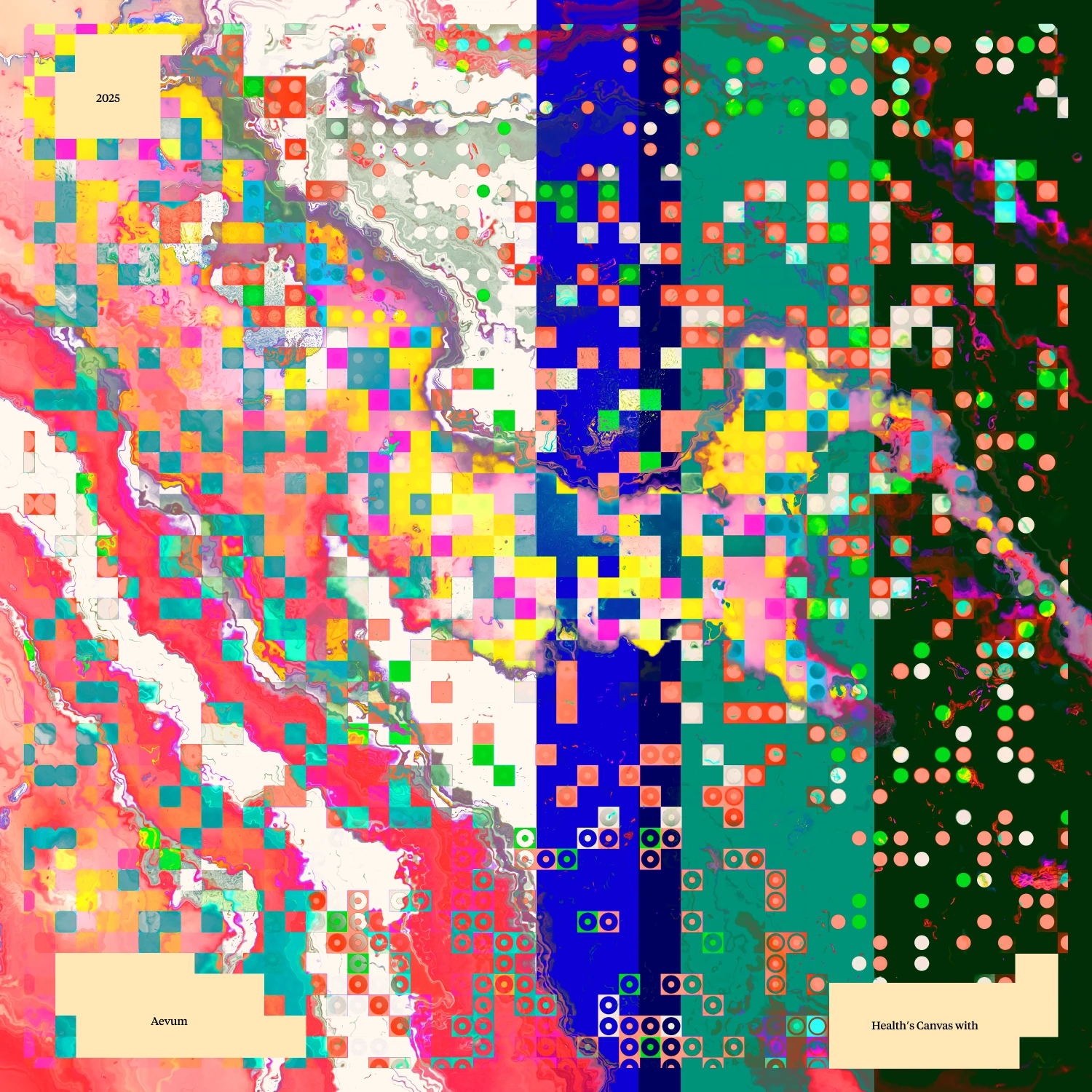 Aevum AI graphic: paint textures broken into pixel columns of red, blue, green and cream