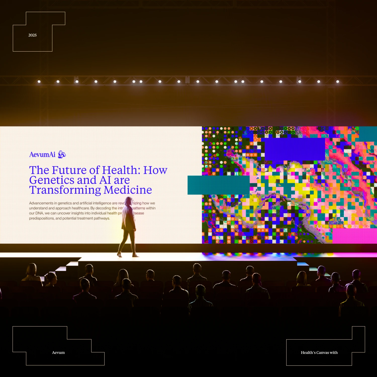 Speaker on a stage before an Aevum AI screen, The Future of Health, with pixel graphics