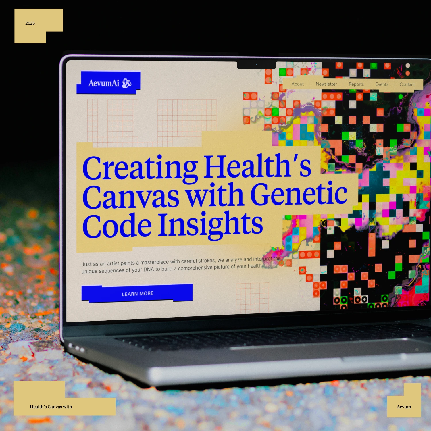 Laptop showing the Aevum AI website, Creating Health's Canvas with Genetic Code Insights