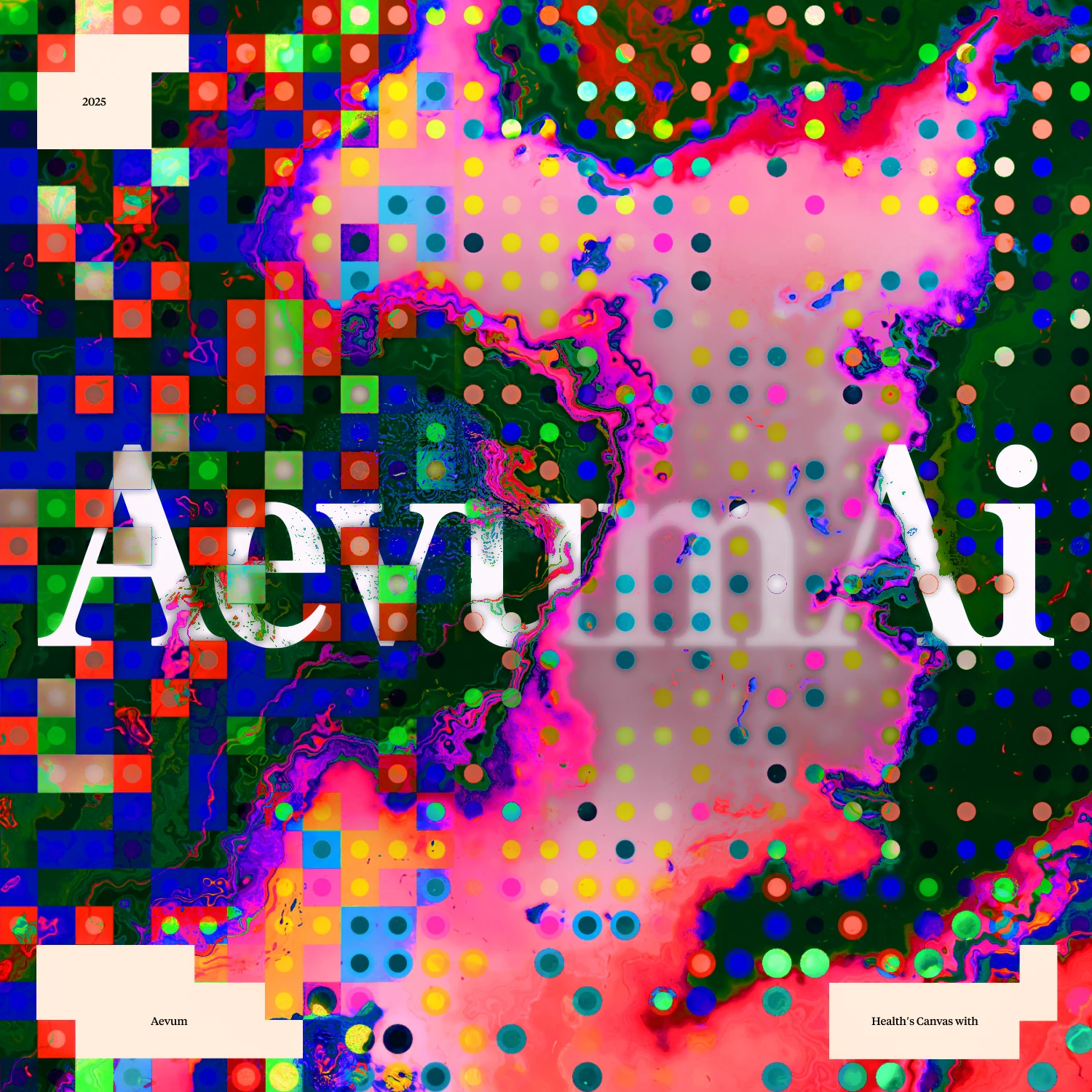 Aevum AI wordmark in glass over pink paint and coloured pixel dots