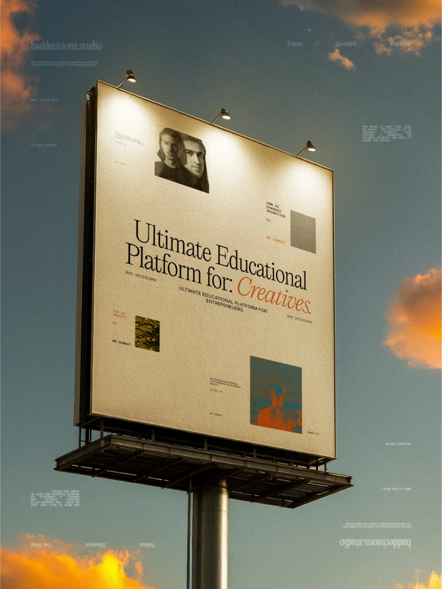 Billboard reading Ultimate Educational Platform for Creatives against an evening sky