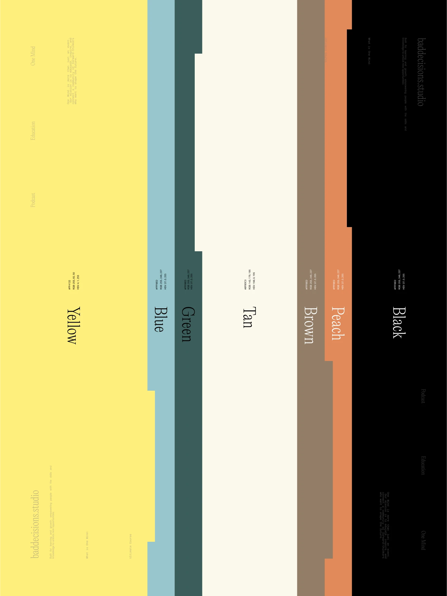 Bad Decisions Studio colour palette in bands: yellow, blue, green, tan, brown, peach and black