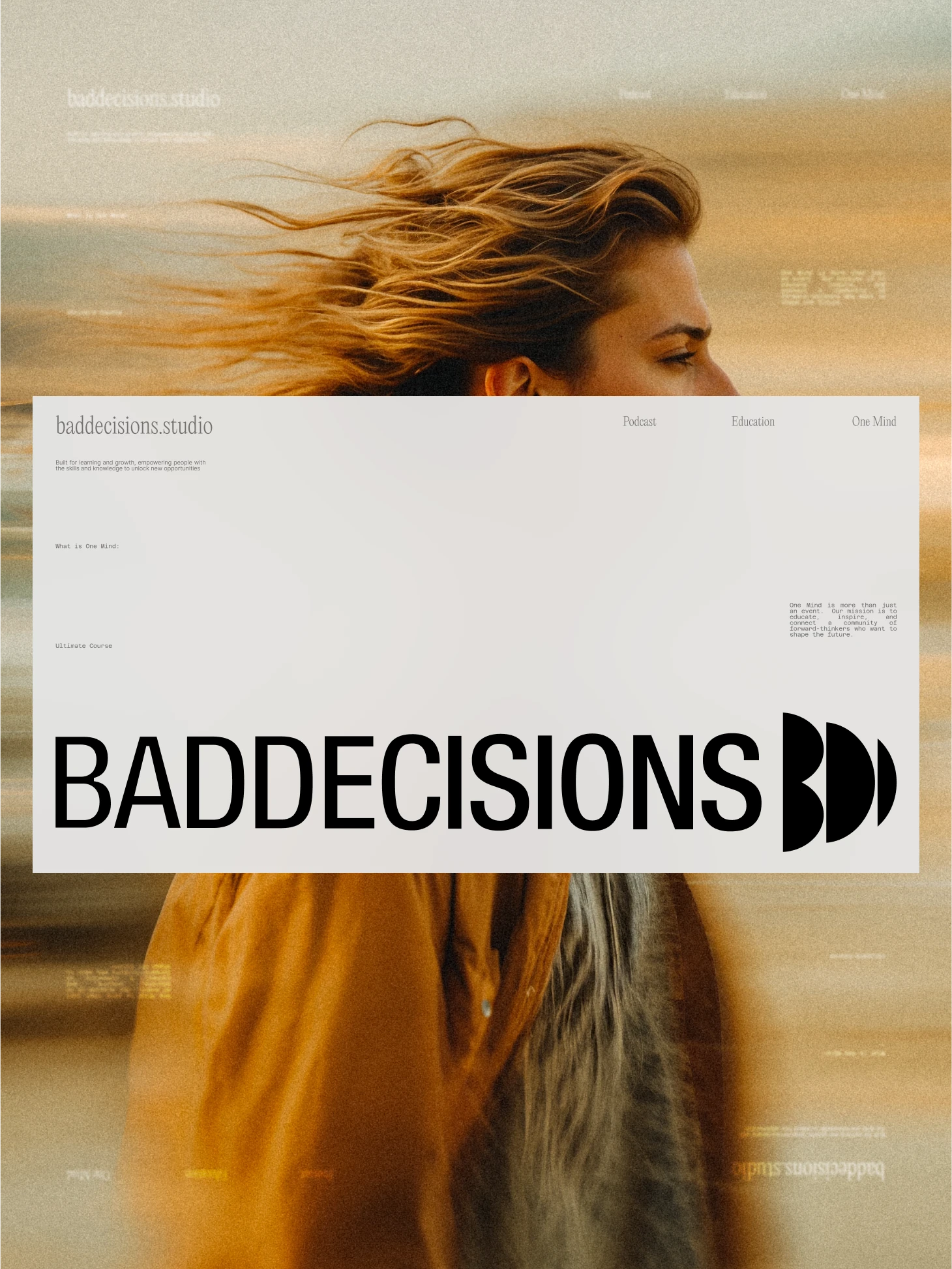 Bad Decisions wordmark and BD mark on a white card over a woman with windswept hair at sunset