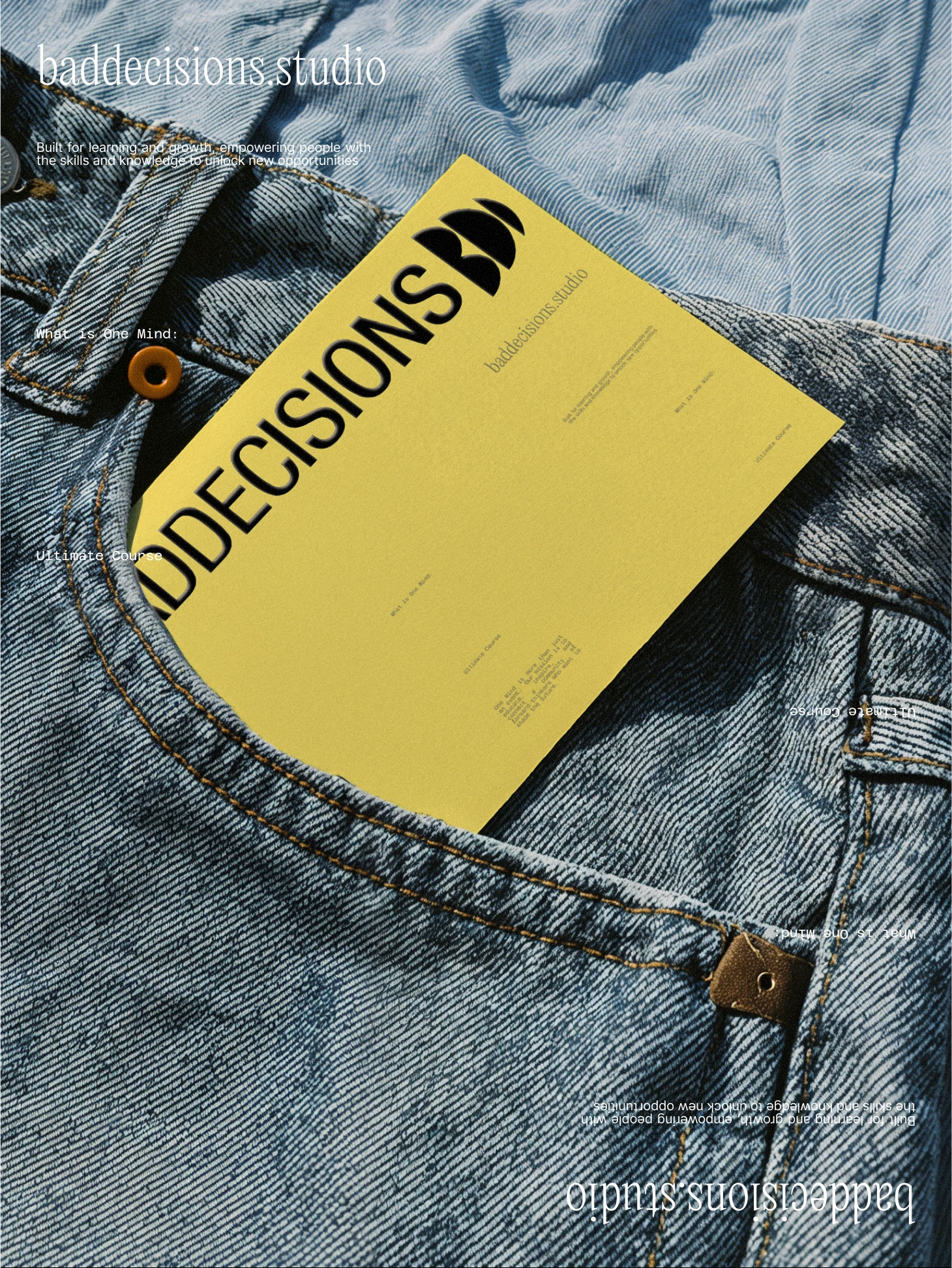 Yellow Bad Decisions card with the wordmark tucked into a jeans pocket