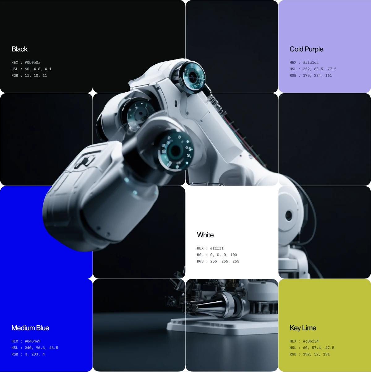 Beyond Surgical colour palette in tiles around a white robot arm: black, cold purple, medium blue, white and key lime