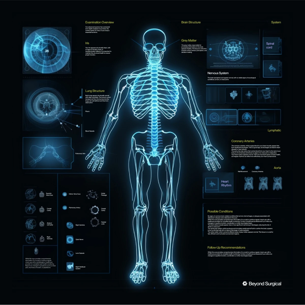 Beyond Surgical dashboard: a glowing blue full body skeleton surrounded by scan panels