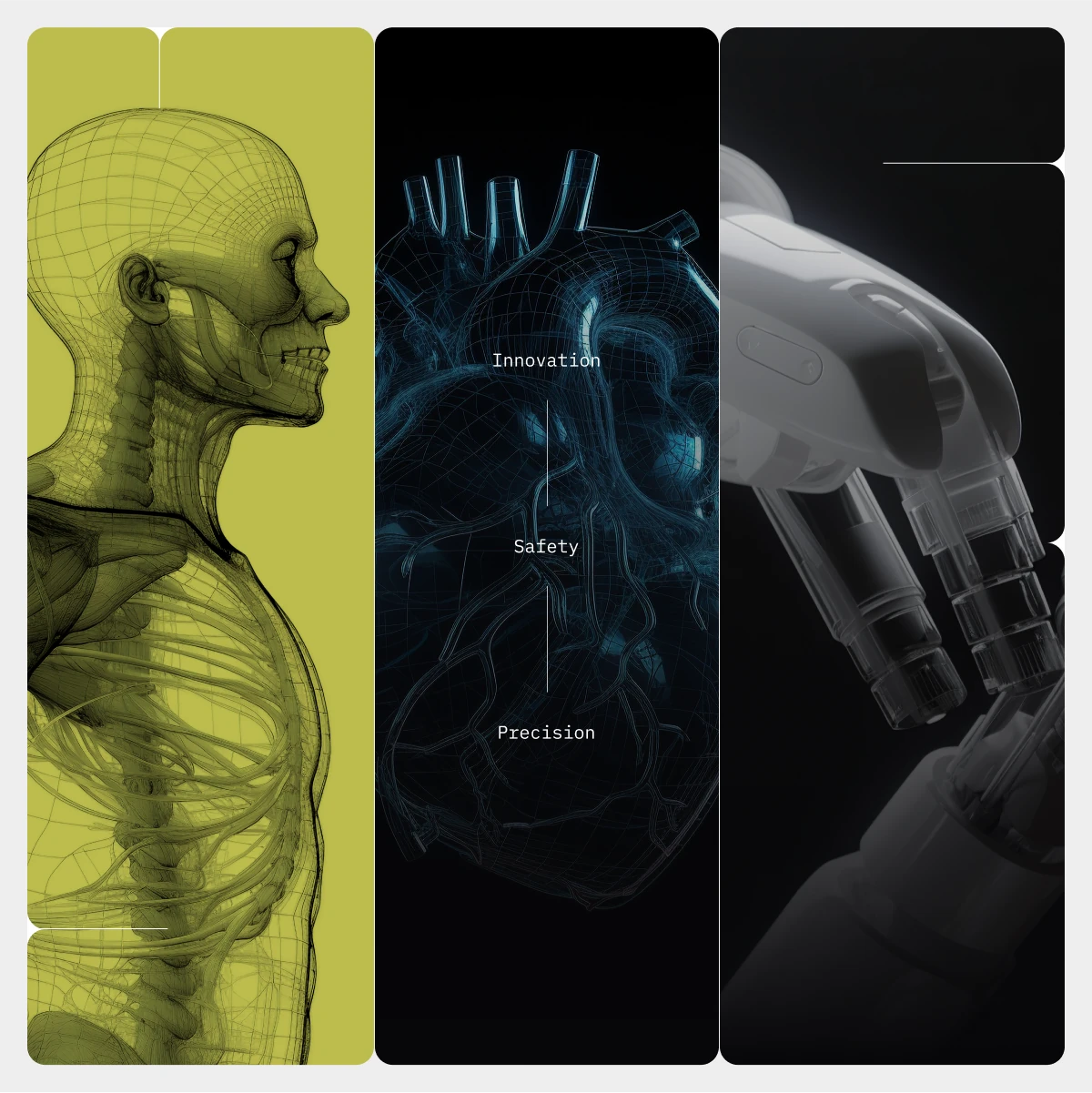 Three Beyond Surgical panels: a lime wireframe head, a blue heart with the values and a robot arm
