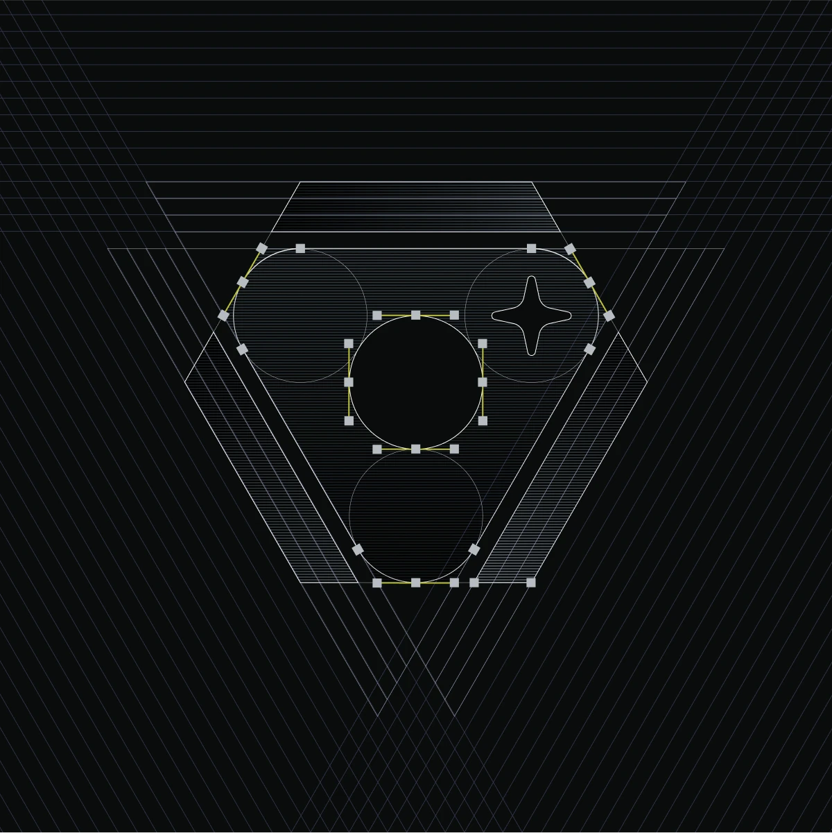 Beyond Surgical logo construction: triangle, circle and star drawn with guide points on black
