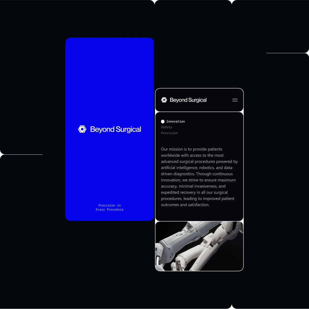 Two Beyond Surgical phone screens: the blue logo screen and the mission text with a robot arm