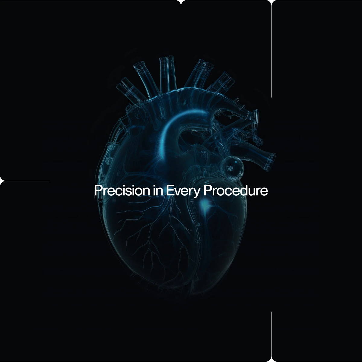 Blue x-ray heart on black with the line Precision in Every Procedure