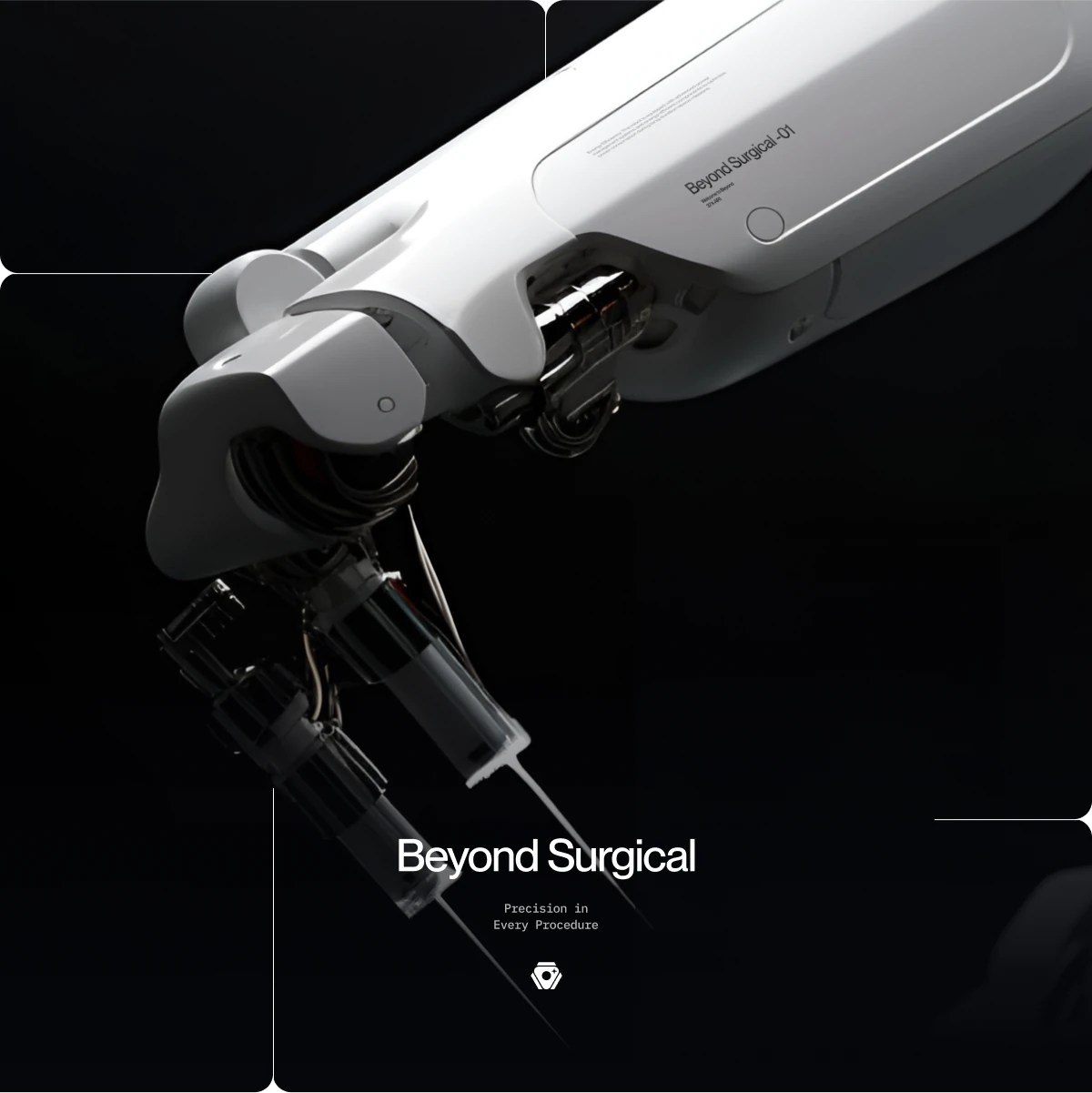 White surgical robot arm over black, with Beyond Surgical and Precision in Every Procedure