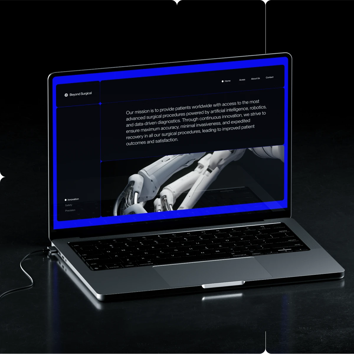 Laptop showing the Beyond Surgical website in blue with a robot arm image