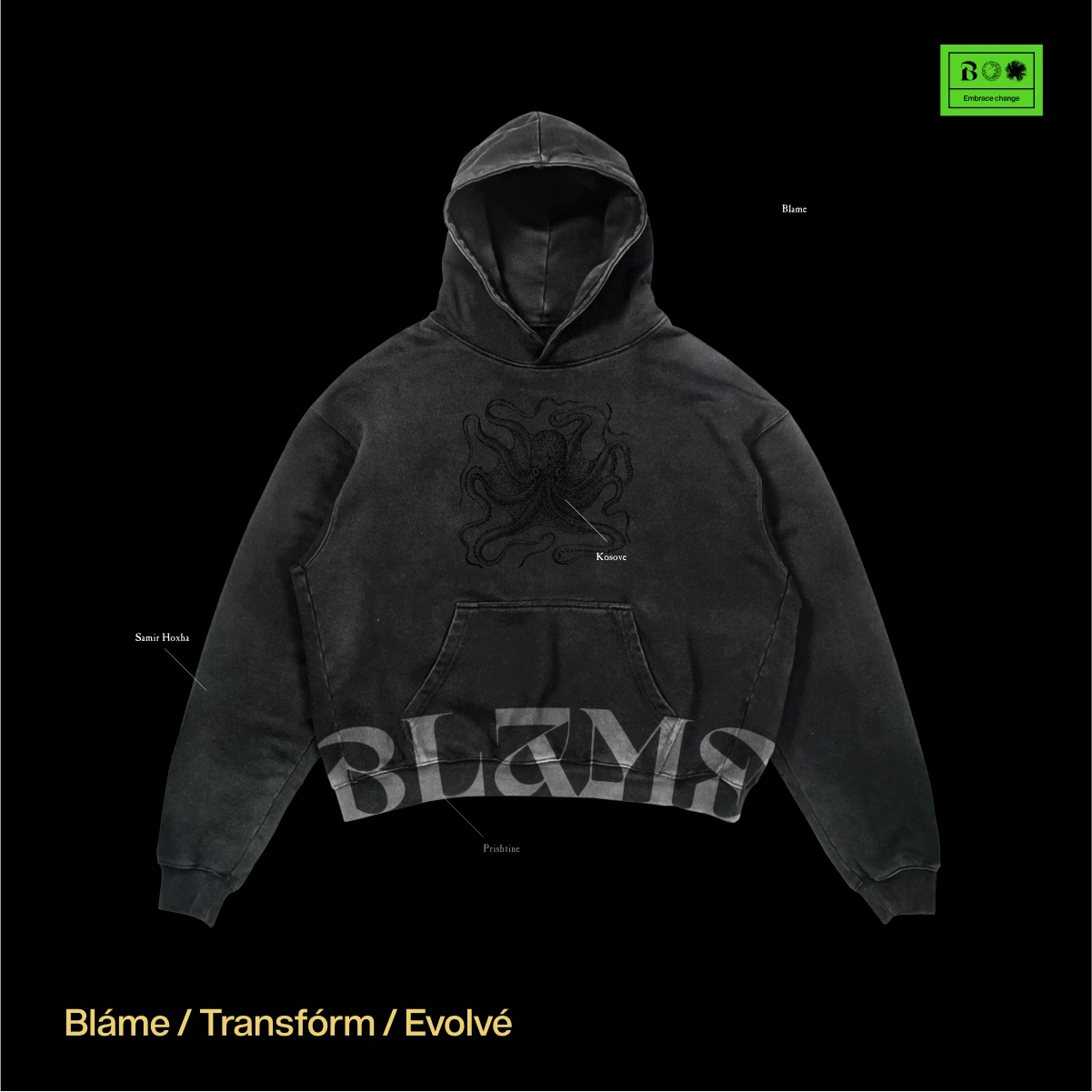Washed black Blame hoodie with the wordmark and an engraved creature on the front