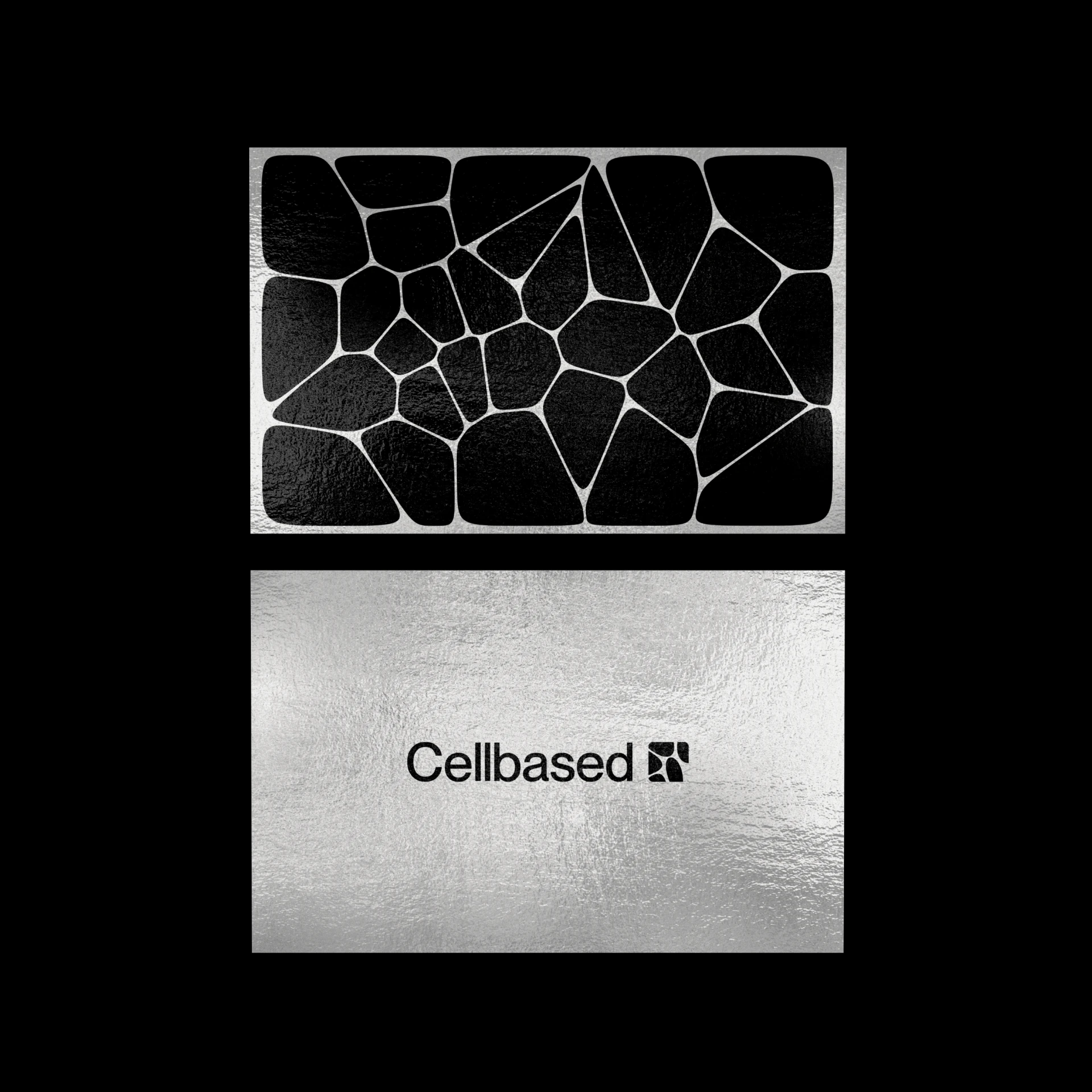 Two embossed silver Cellbased cards, one with Voronoi cells, one with the wordmark