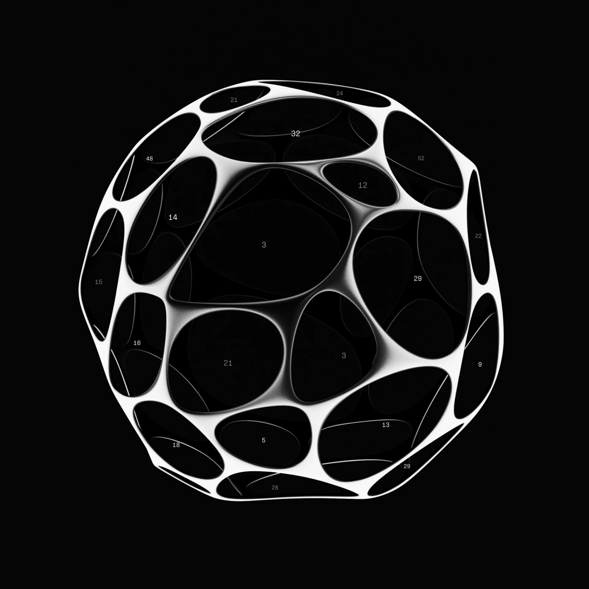Cellbased graphic: a white 3D sphere of Voronoi cells with numbered openings, on black