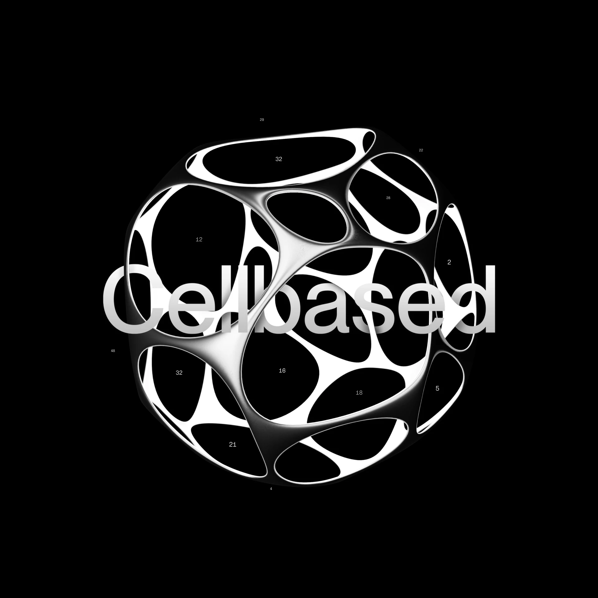 Cellbased wordmark in grey across the white Voronoi cell sphere