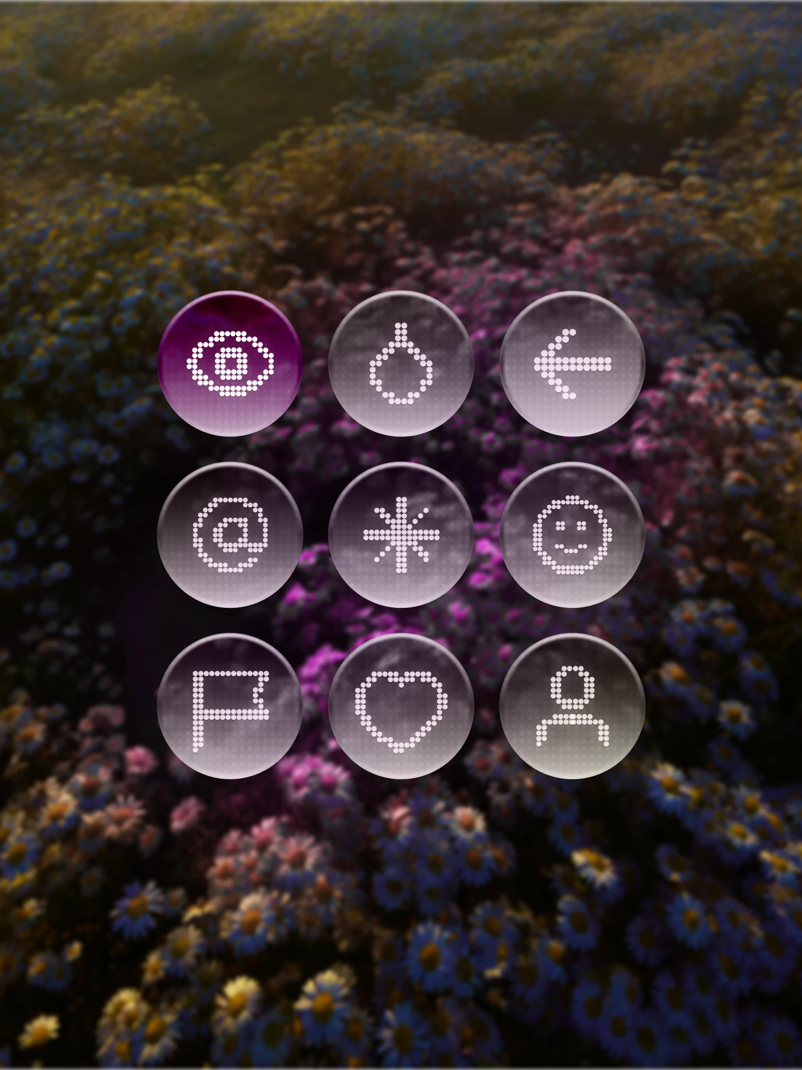 Cultiv icon set: nine round glass buttons with pixel icons over dark flowers