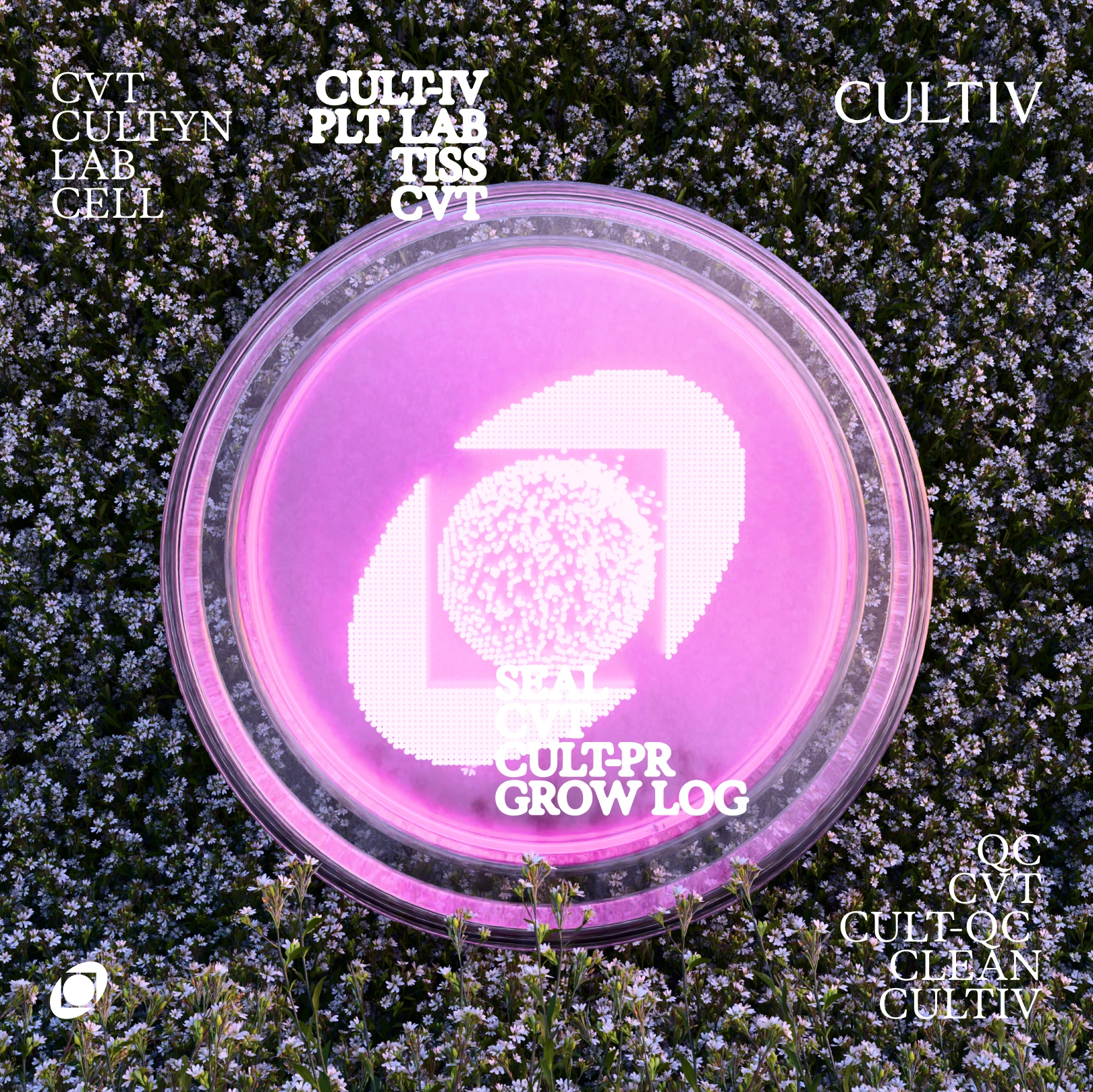 Cultiv logo inside a glowing pink petri dish, set on a field of small blue flowers
