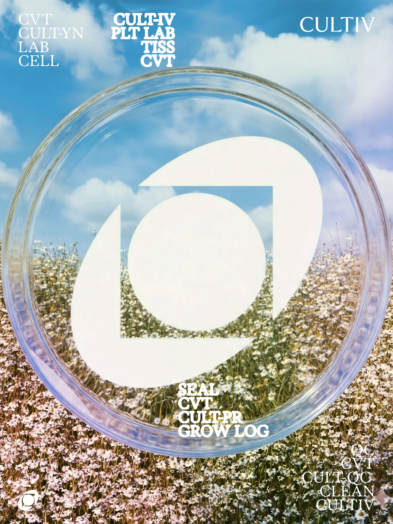 Clear petri dish with the white Cultiv logo, over a flower field under a blue sky