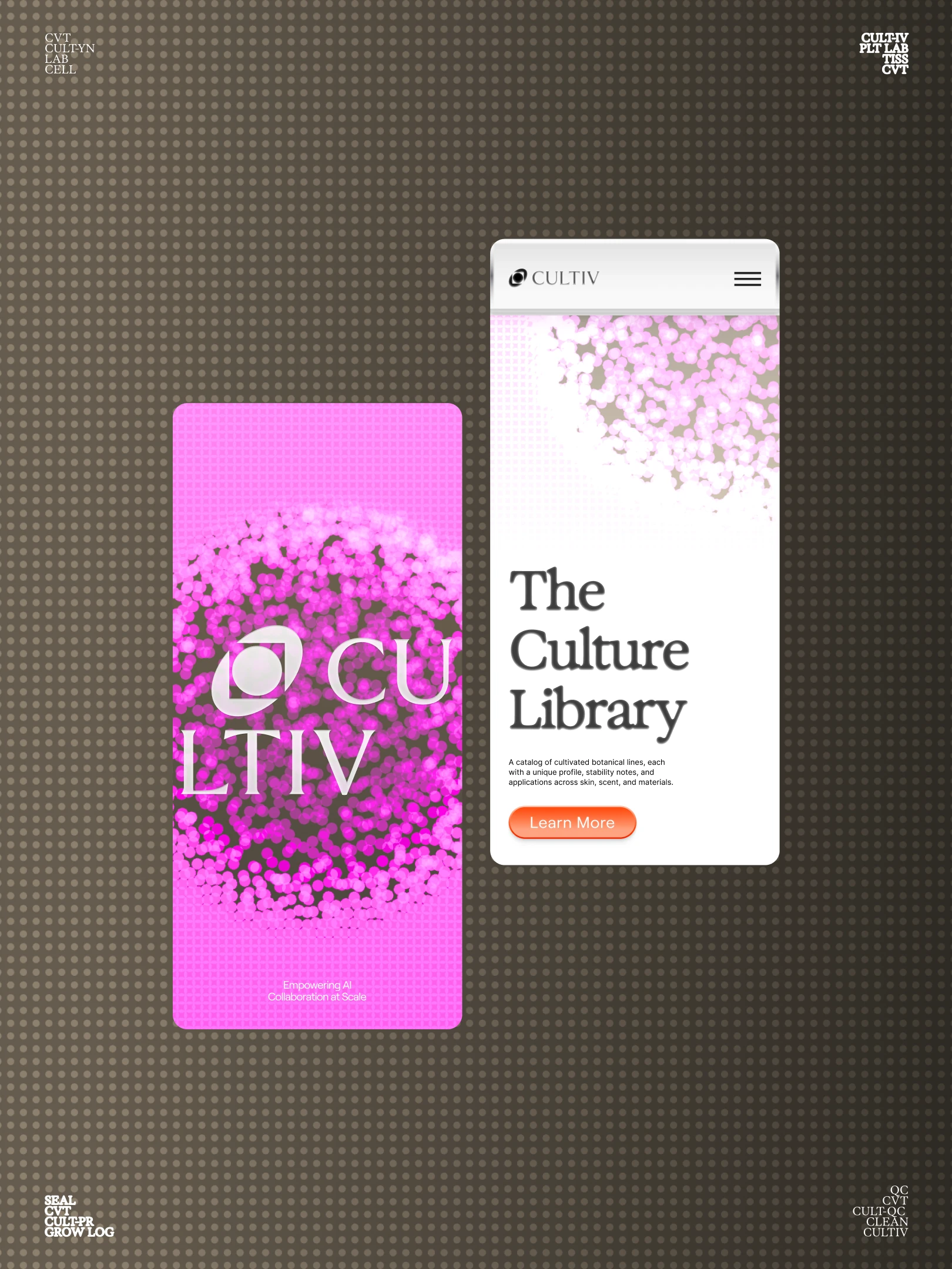 Two Cultiv phone screens: the pink pixel logo and The Culture Library page