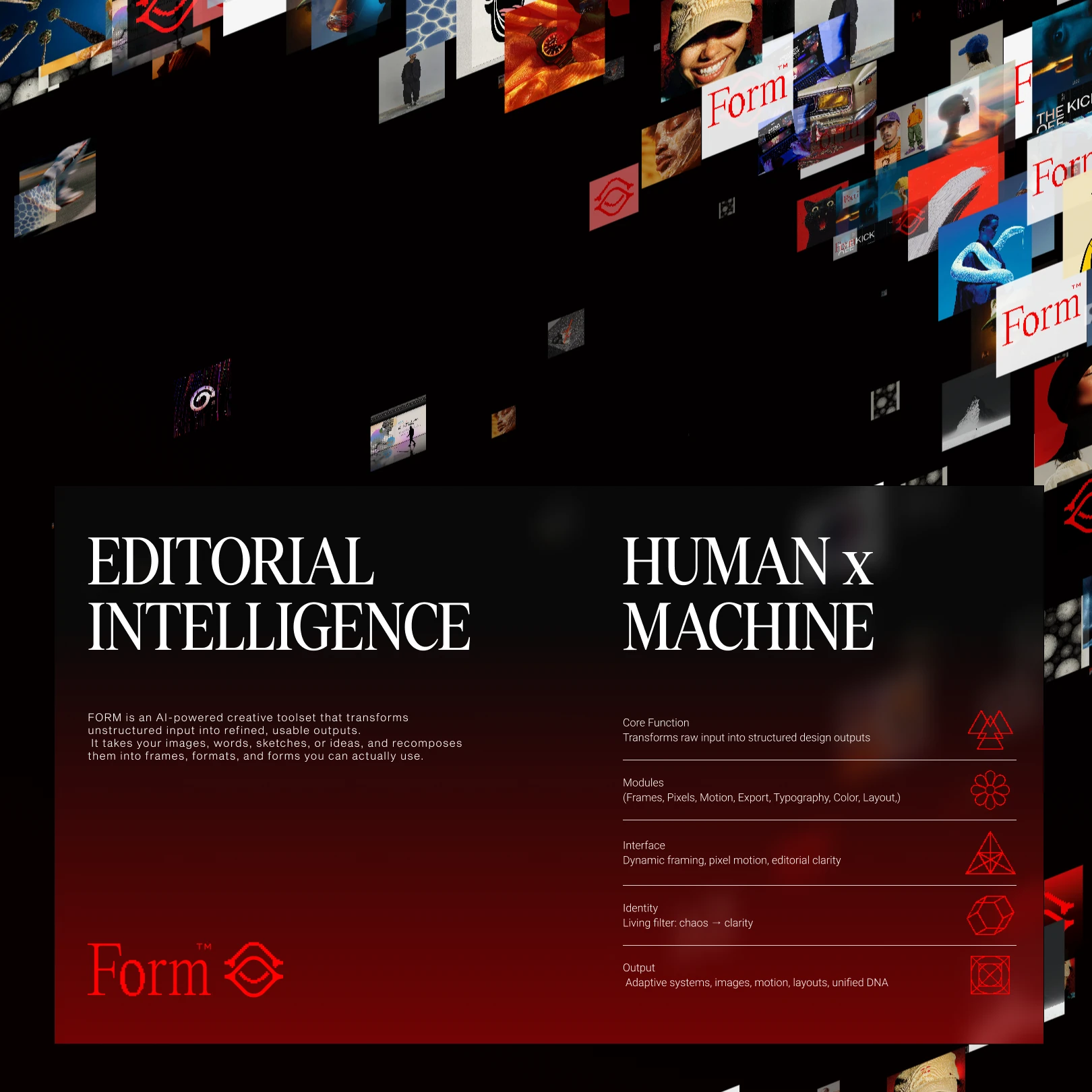 Form panel reading Editorial intelligence and Human x Machine below floating artworks