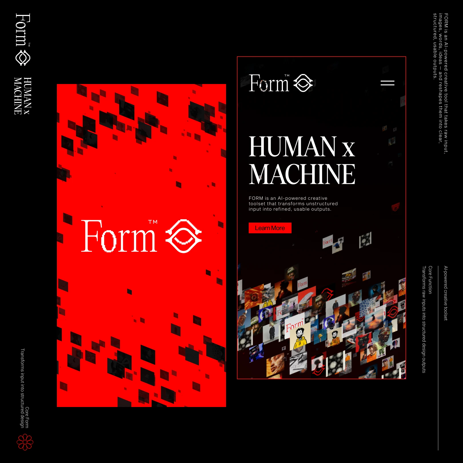 Two Form phone screens: the red pixel logo and Human x Machine with an image grid