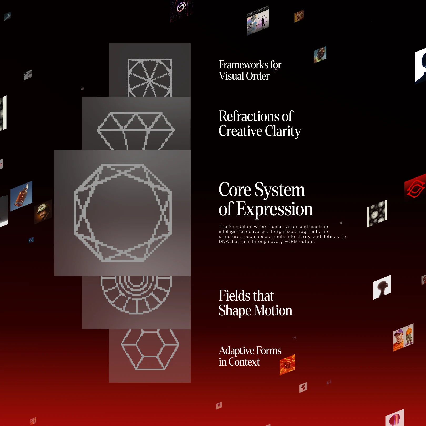 Form glyph cards stacked beside lines like Frameworks for Visual Order and Core System of Expression