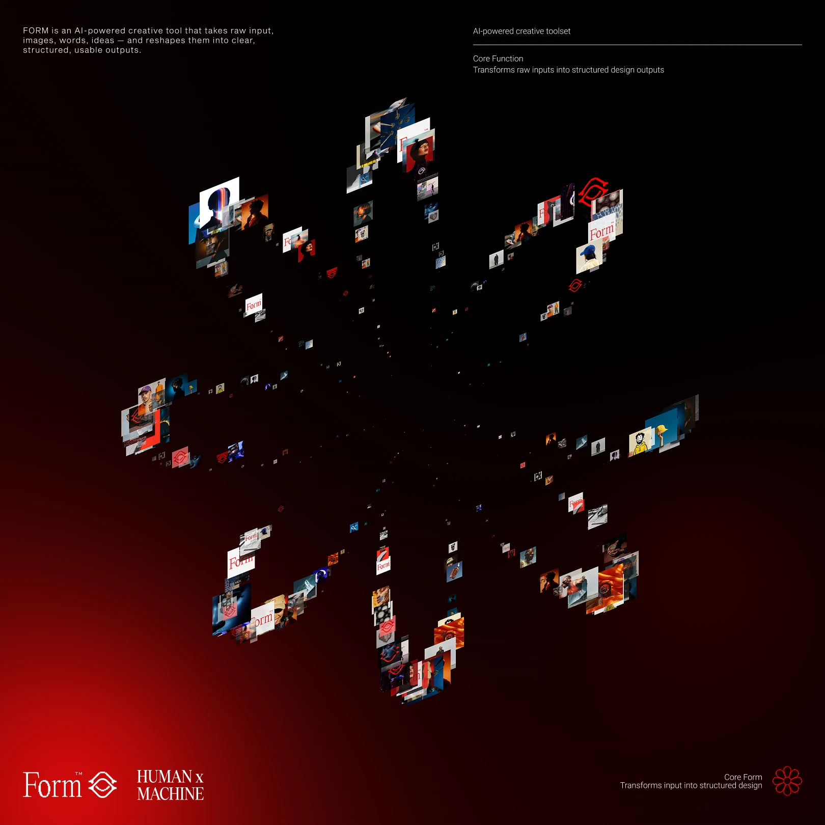 Form image tiles bursting outward in a star shape on dark red