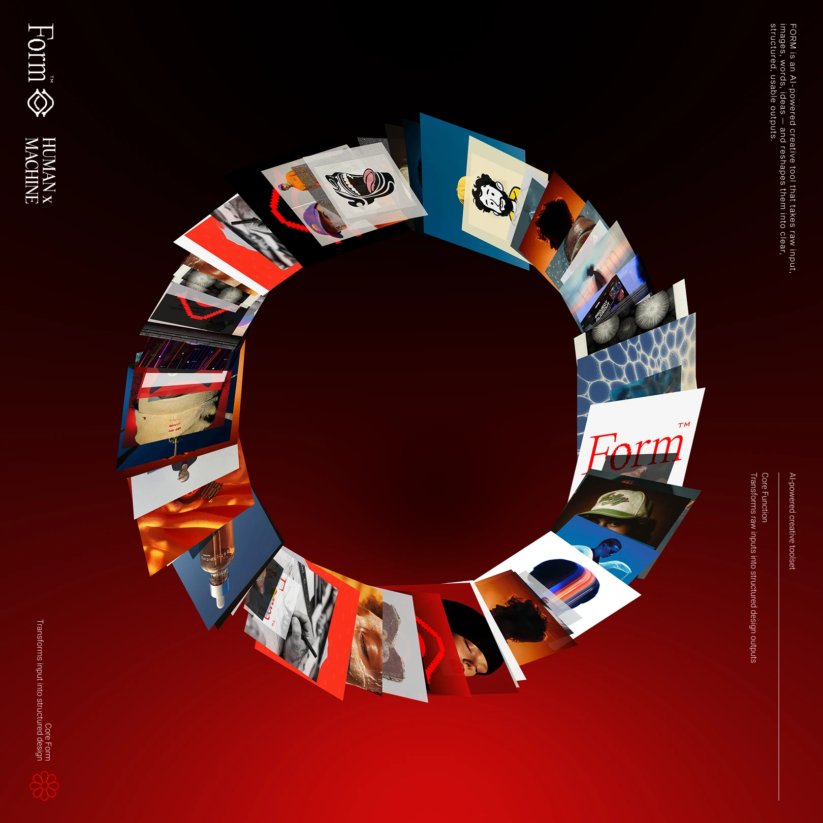 Ring of tilted image tiles on red, the Form graphic system