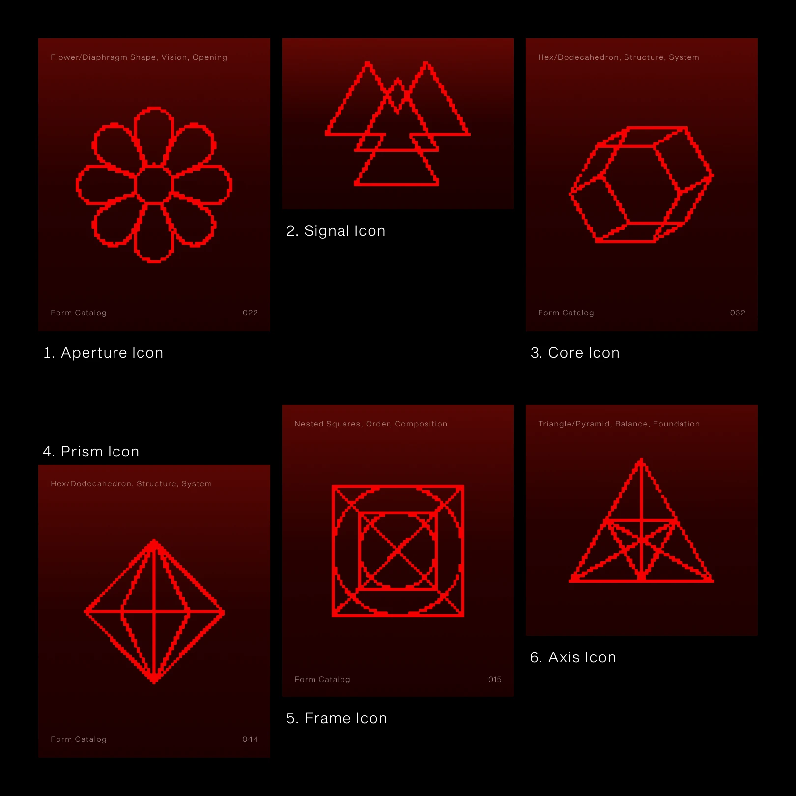 Six Form icons in red line: aperture, signal, core, prism, frame and axis