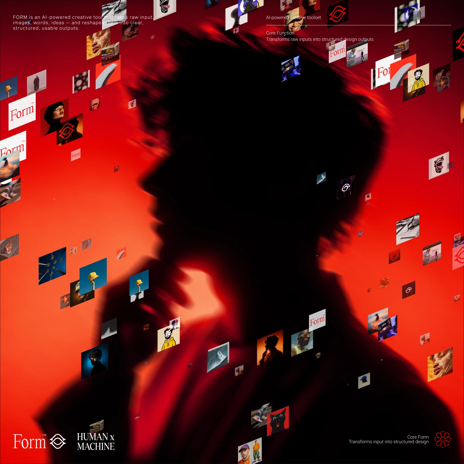 Blurred silhouette of a face on red, surrounded by floating Form image tiles