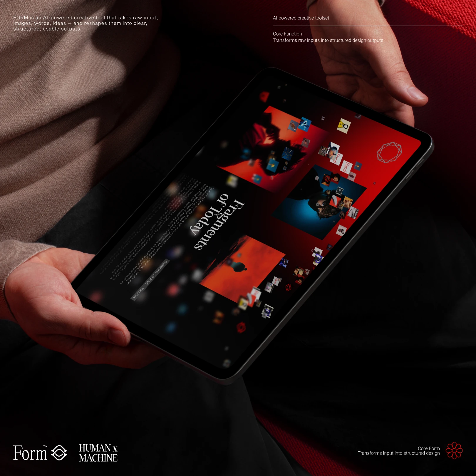 Hands holding a tablet showing a Form page with red and blue images