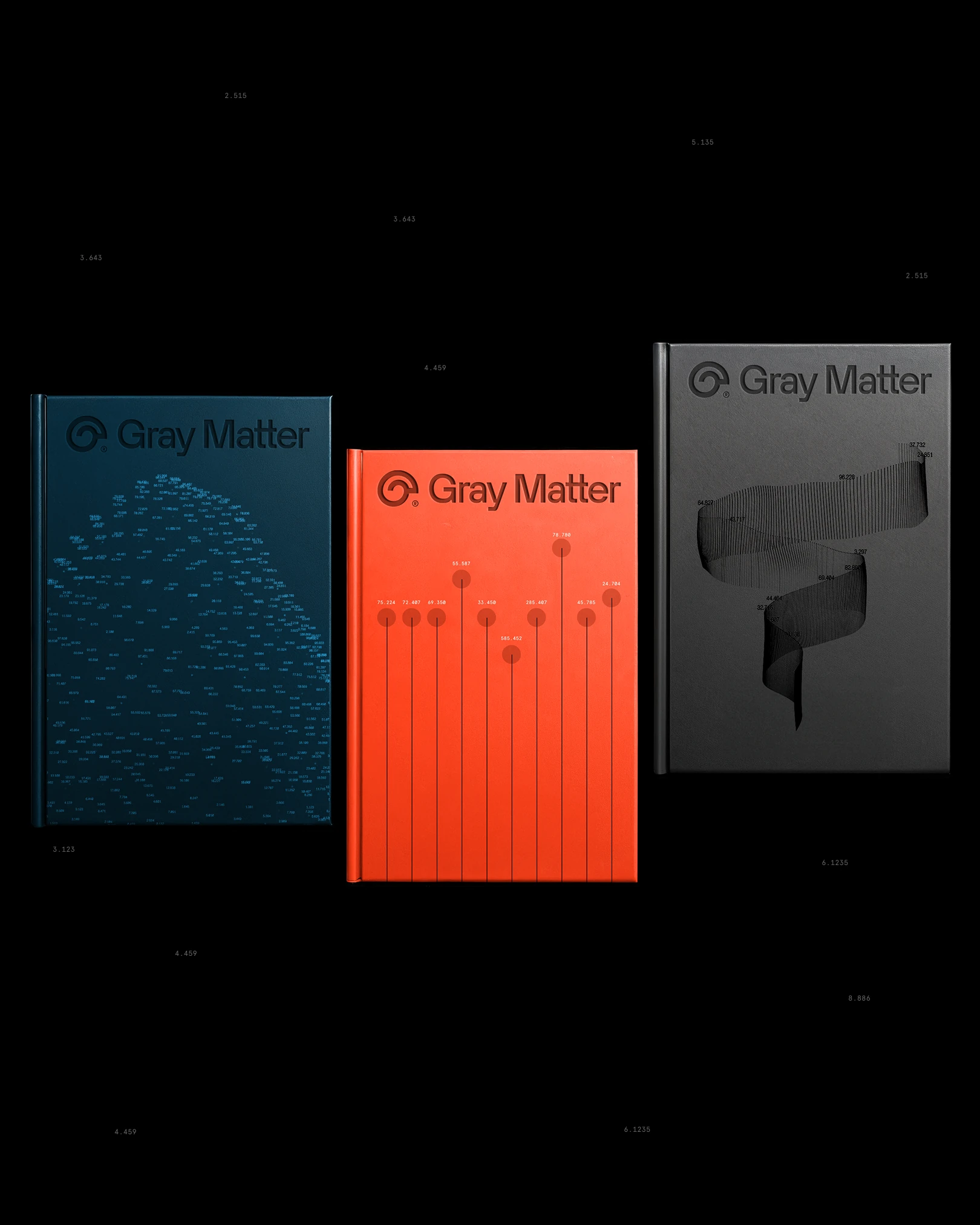 Three Gray Matter books in blue, orange and grey, each with the logo and a data graphic