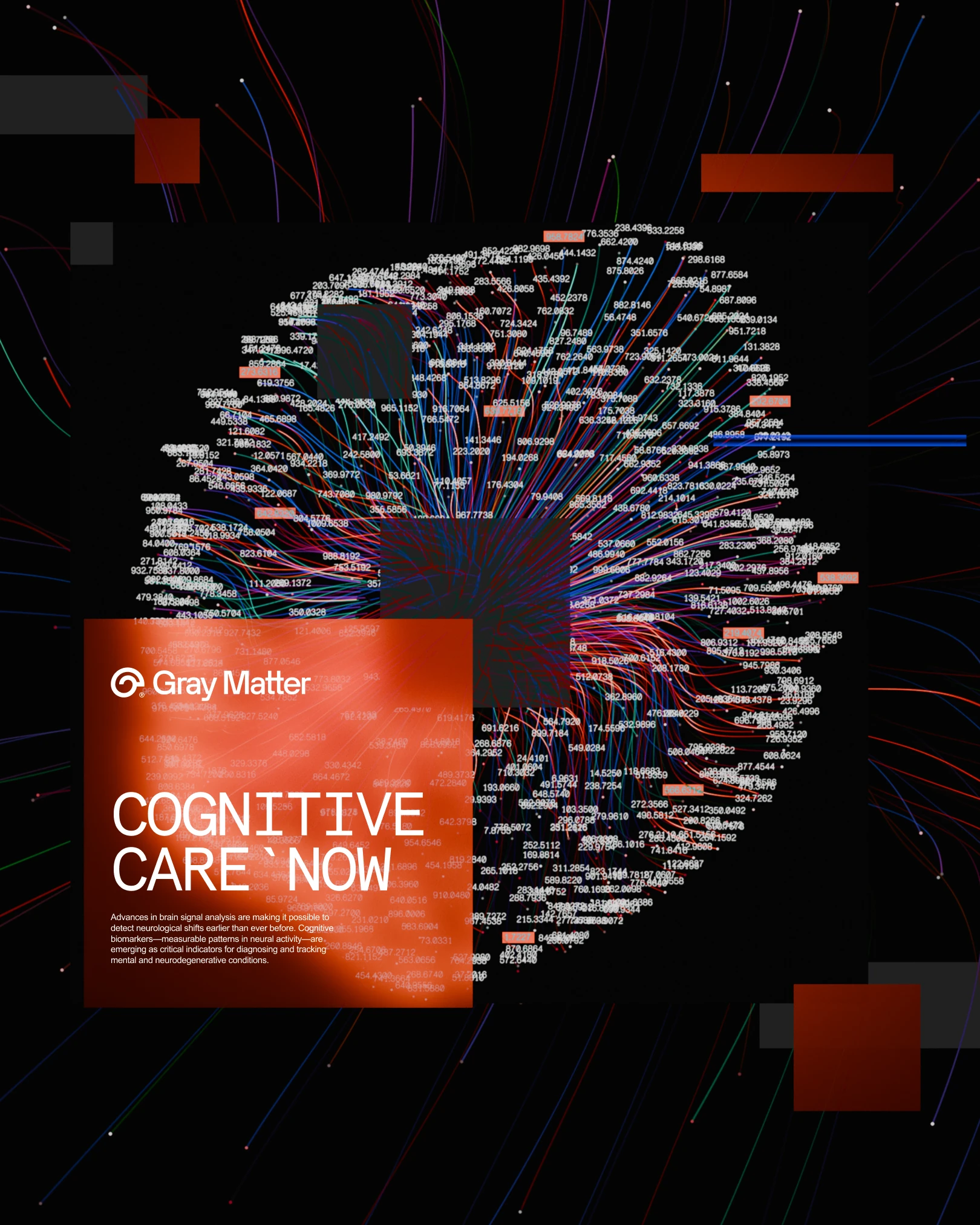 Gray Matter orange card reading Cognitive care now over a cloud of data lines and numbers
