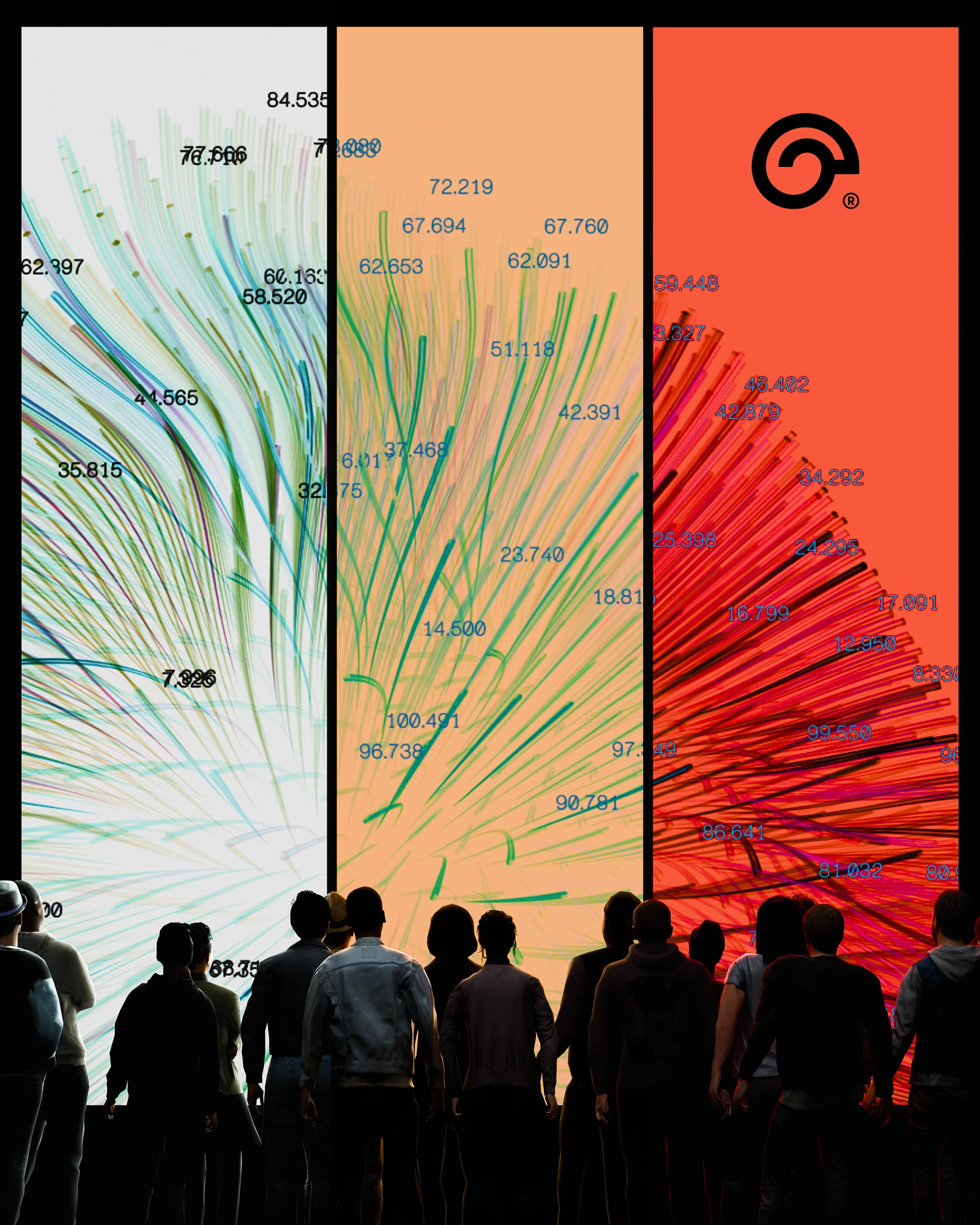 Crowd before three tall Gray Matter panels of data lines and numbers in white, peach and red
