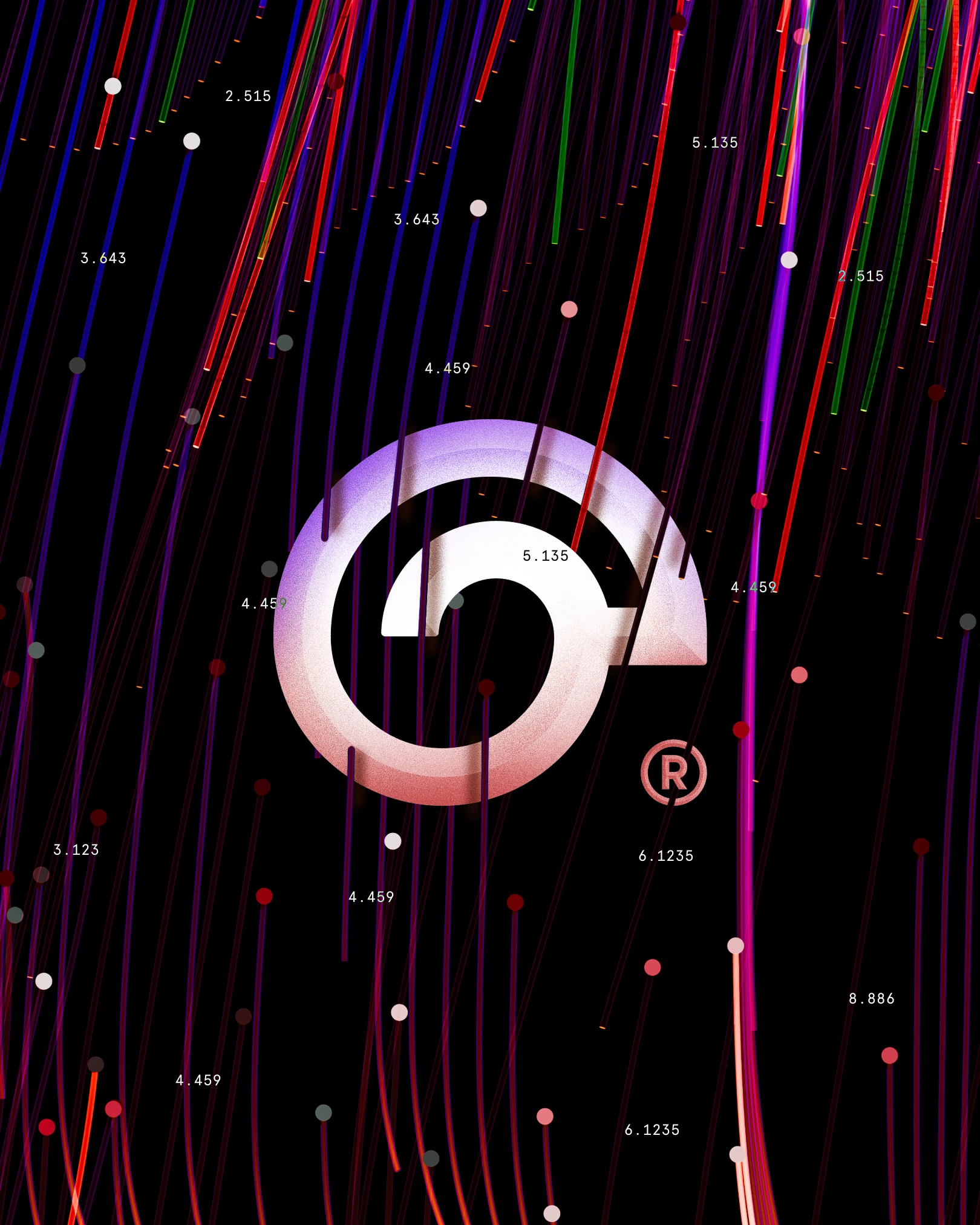 Gray Matter logo, a brain shaped G, in glass over falling coloured lines and numbers