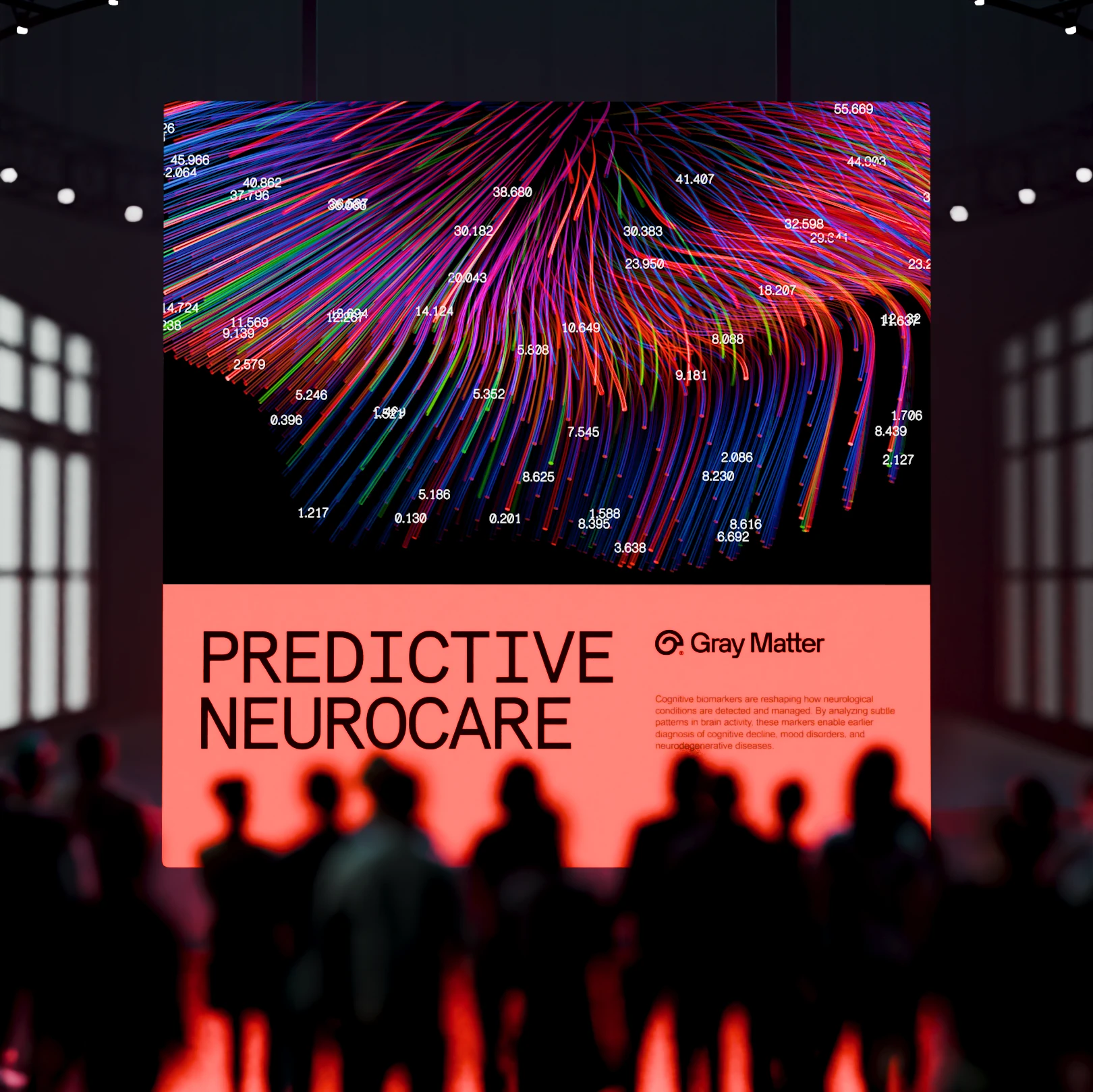 Crowd in silhouette before a Gray Matter screen reading Predictive neurocare under coloured data lines