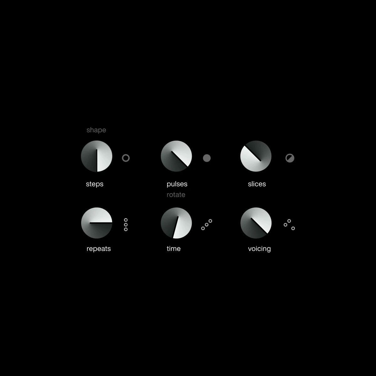 Kinetica control dials for steps, pulses, slices, repeats, time and voicing on black