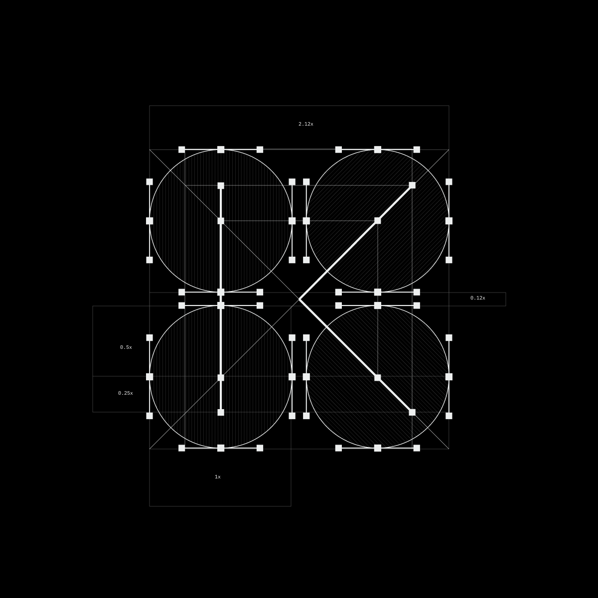 Kinetica logo construction: four circles and the K drawn with guide points on black